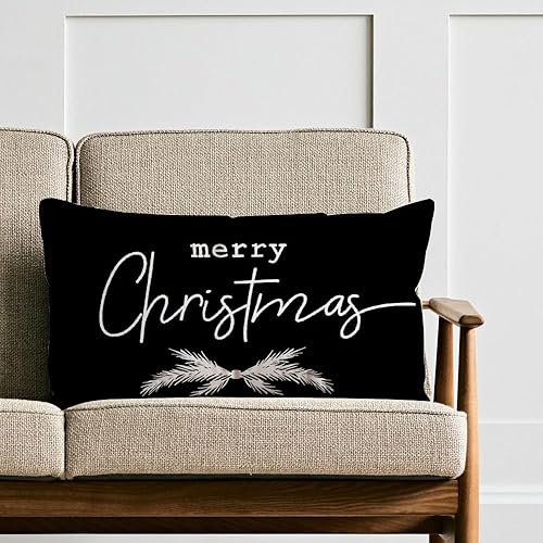 Miniatura 3 de AOFANGGO Funda de almohada de Navidad de 12 x 20 pulgadas, color negro, decoración de vacaciones de invierno, funda de cojín rústica para cama,