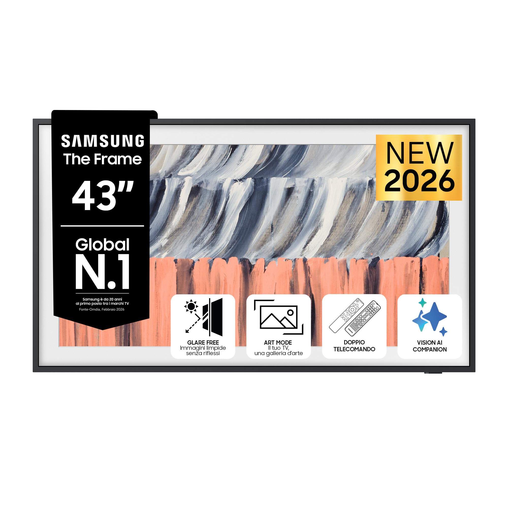 Samsung Smart TV 43" QE43LS03HEUXZT The Frame 4K QLED, Glare Free, HDR10+, Motion Xcelerator 144Hz, Dolby Atmos, Modern Frame Design, Art Mode, Vision AI, Alexa, PACCHETTO INTRATTENIMENTO, 2026