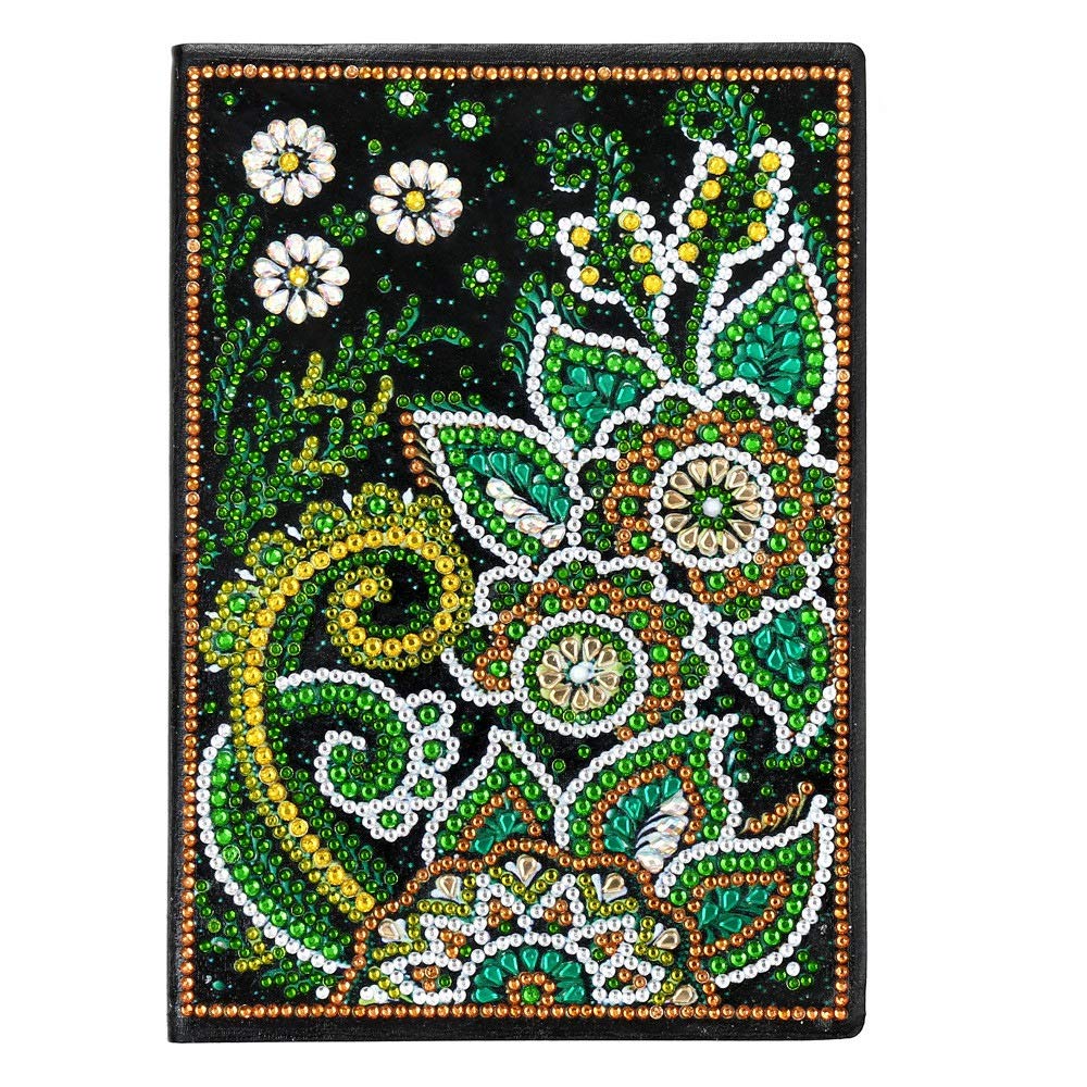 Uteruik A5 Writing Notebook with DIY Diamond Painting Kits Flower Printed Leather Cover Daily 50 Plain Pages Journal Sketchbook Diary
