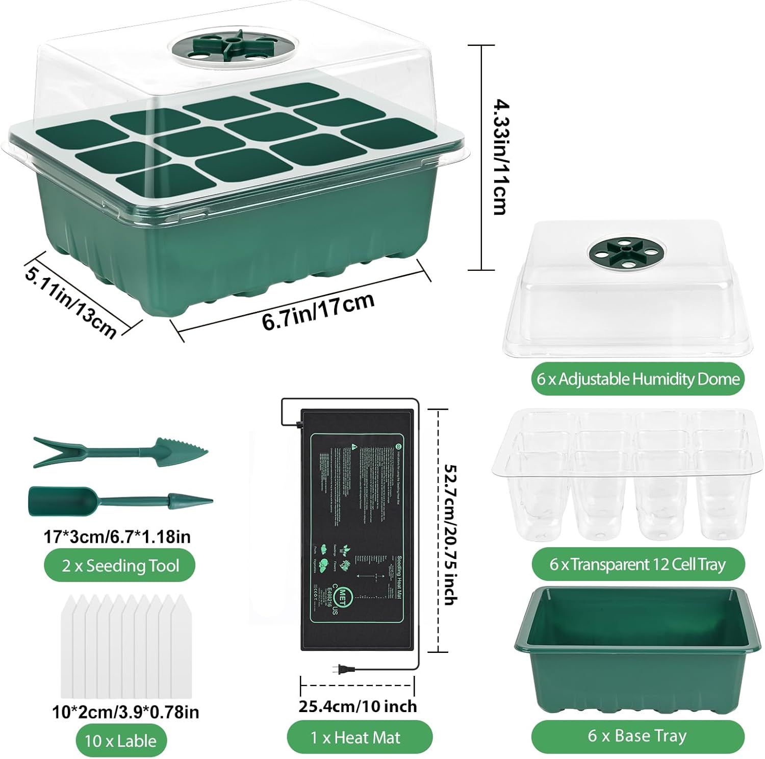 Sckee 6 Pack Seed Starter Tray with 10"x20.75" Seedling Heat Mat, Seed Starter Kit with Humidity Dome, Seed Starting Trays Plant Starter Kit and Base, Kit for Seeds Growing Starting