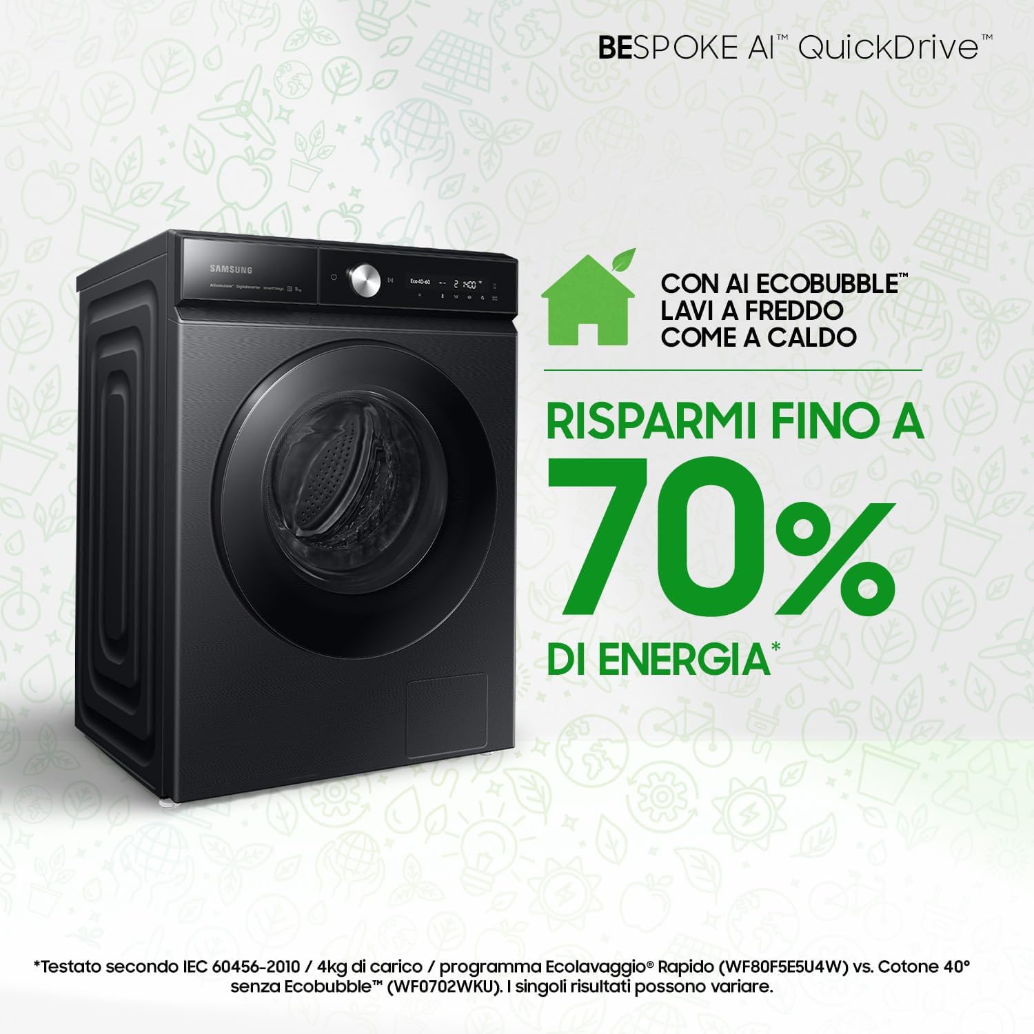Samsung Lavatrice Bespoke AI Quickdrive WW11DB8B95GB/U3, Libera installazione, 11 Kg, 1400 RPM, Wi-Fi, AI Control, Vapore, Carica Frontale, 60l x 85h x 60p cm