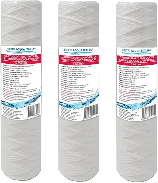 Cartuccia Filtro Filo Avvolto Polipropilene 10" Micron 5 Set 3 Pezzi per Impianto Domestico