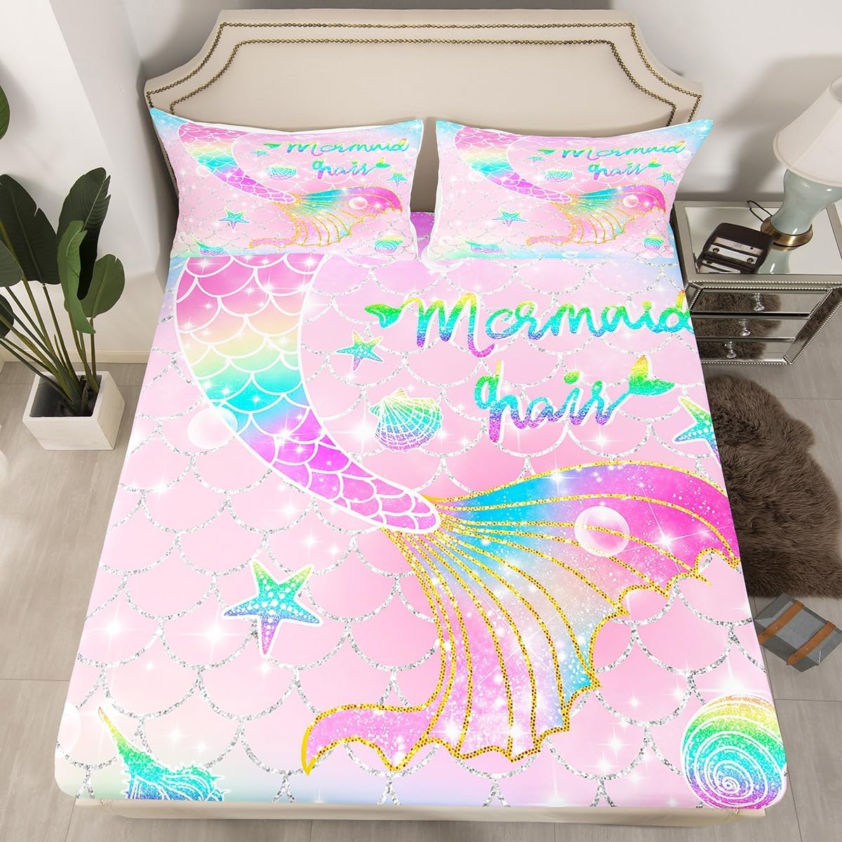 Feelyou Mermaid Bed Sheets Queen Size for Kids Girls Rainbow Pink Mermaid Tail Printed Bedding Set Cute Sheet Set Fish Scale Bedroom Glitter Decor All Season