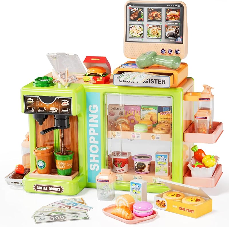 Tienda de juegos para niños pequeños, juego de tienda de comestibles para niños, mayores de 3 años | Juguetes de supermercado con caja registradora de juguete, comida de juego, dinero falso, juegos interactivos, regalos para niños y niñas, cumpleaños, Navidad