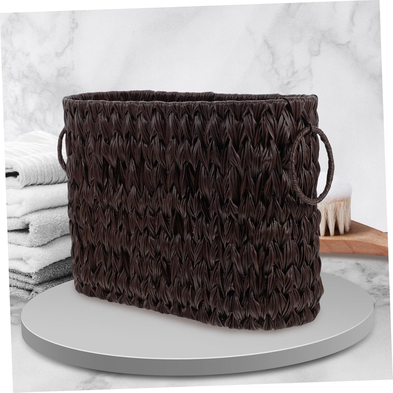 PRETYZOOM Rustic Rattan Storage Basket Decorative Organizer for Magazines Newspapers and Sundries Convenient Double Handles for Living Bedroom Office Use