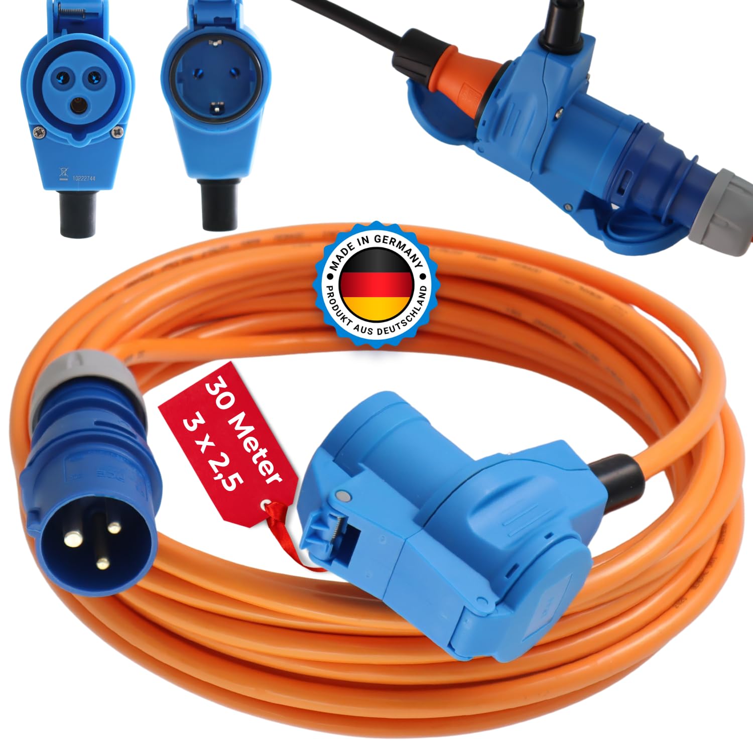 maxgo Camping Adapter CEE mit Schuko Steckdose – 30 m H07BQ-F PUR Kabel | 3x2,5 mm², IP44 Winkelkupplung für Wohnmobil, Wohnwagen, Caravan, Festival und Zeltplatz