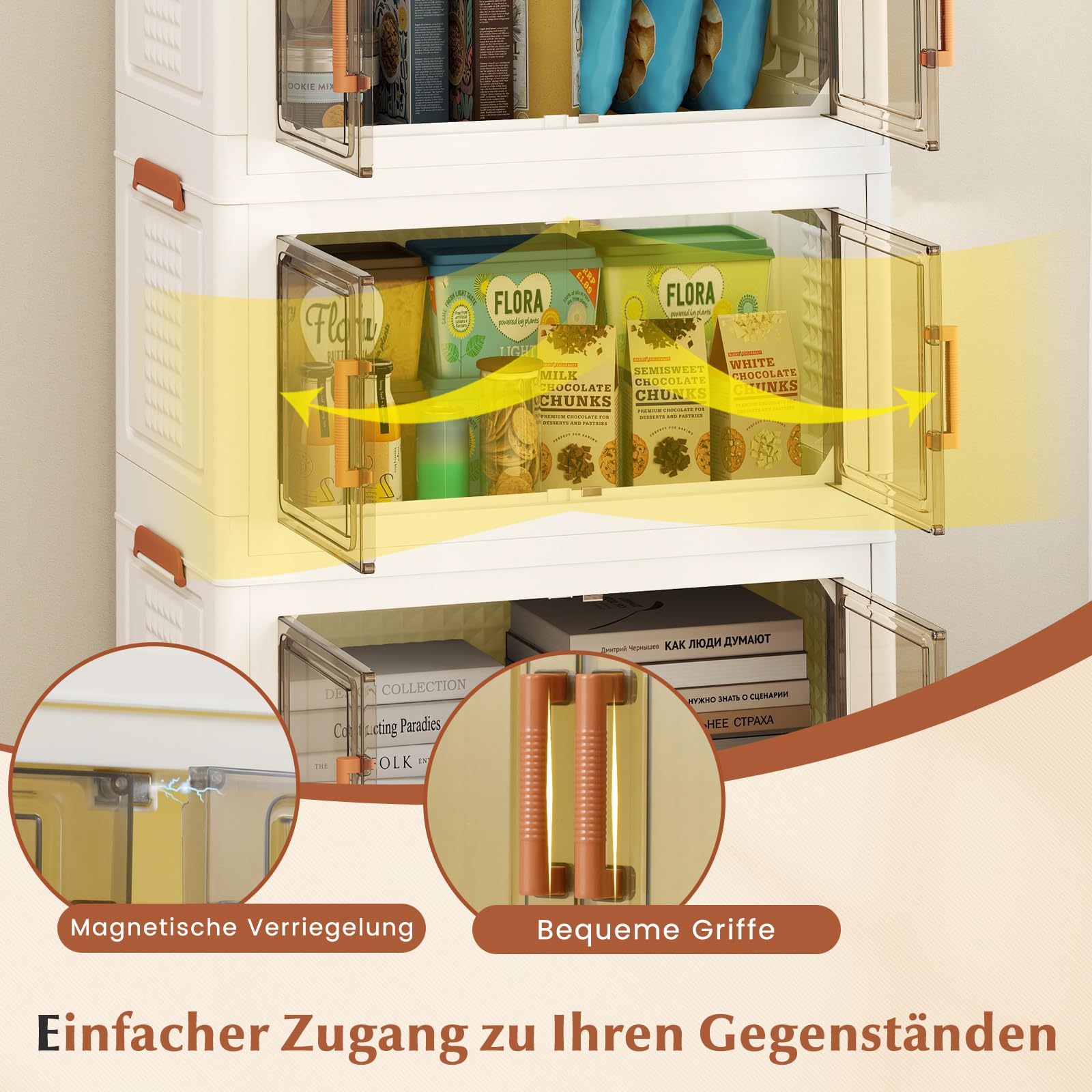 COSTWAY Aufbewahrungsbox mit Deckel, 52Lx3 Stapelboxen faltbar, Aufbewahrungsbehälter mit Rollen & transparenten Türen, Kunststoffbox Ordnungsboxen durchsichtig