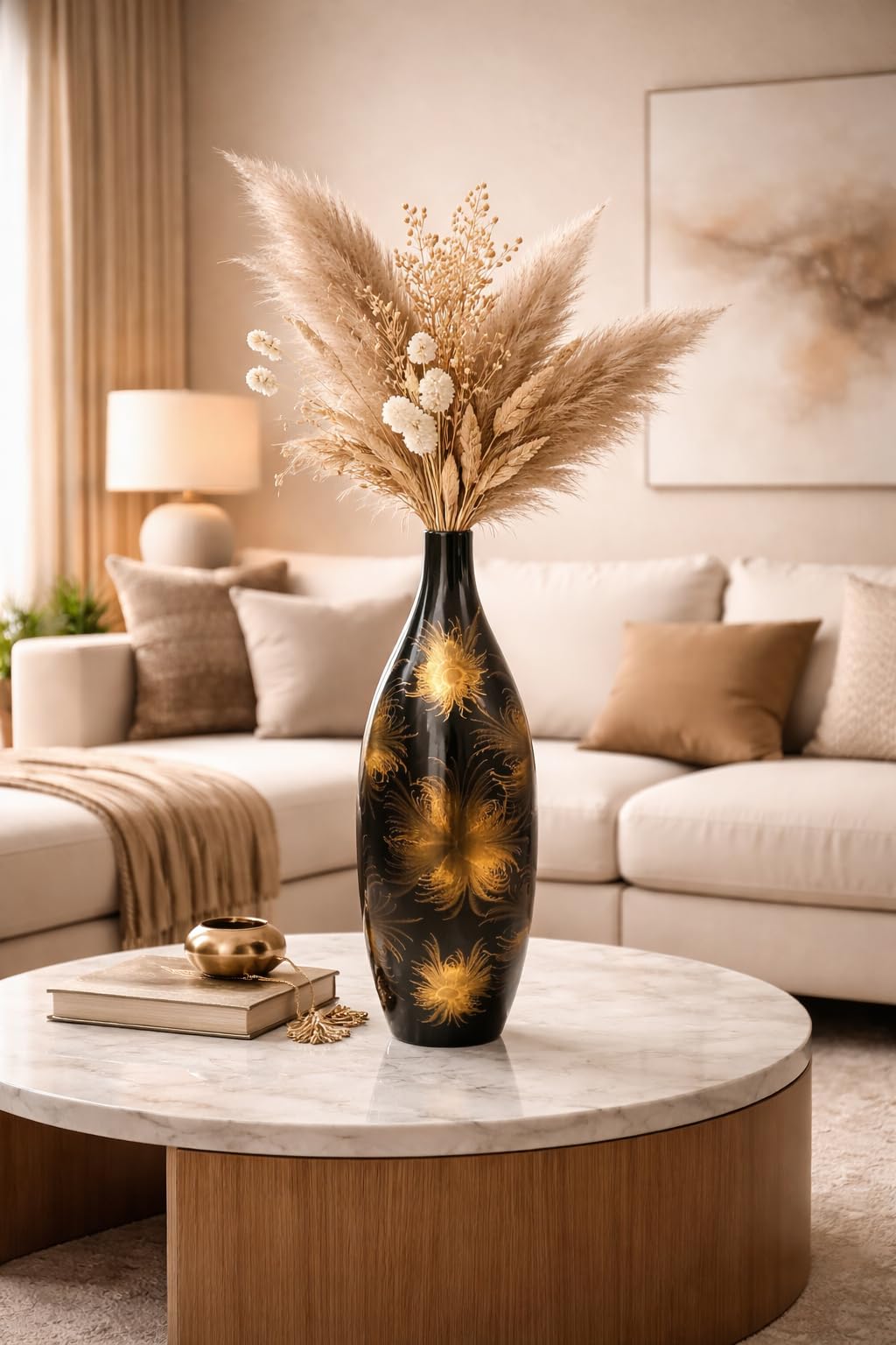 Elegante jarrón de cerámica negro con diseño de fuegos artificiales dorados, 51 cm, cuello estrecho, jarrón decorativo para sala de estar moderna decoración del hogar