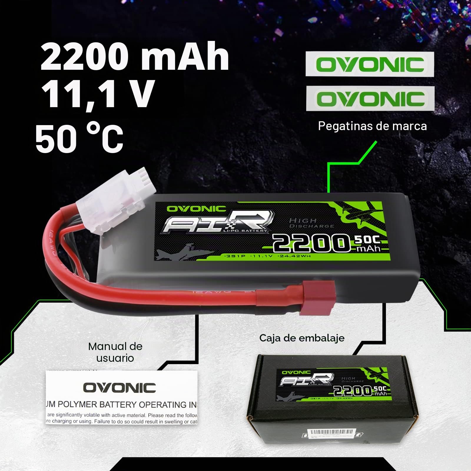 OVONIC 3S Batería Lipo 2200 mAh 50C 11,1 V con Conector Deans para RC Coche Barco Camión Avión Helicóptero Multimotor DIY (2 Unidades)