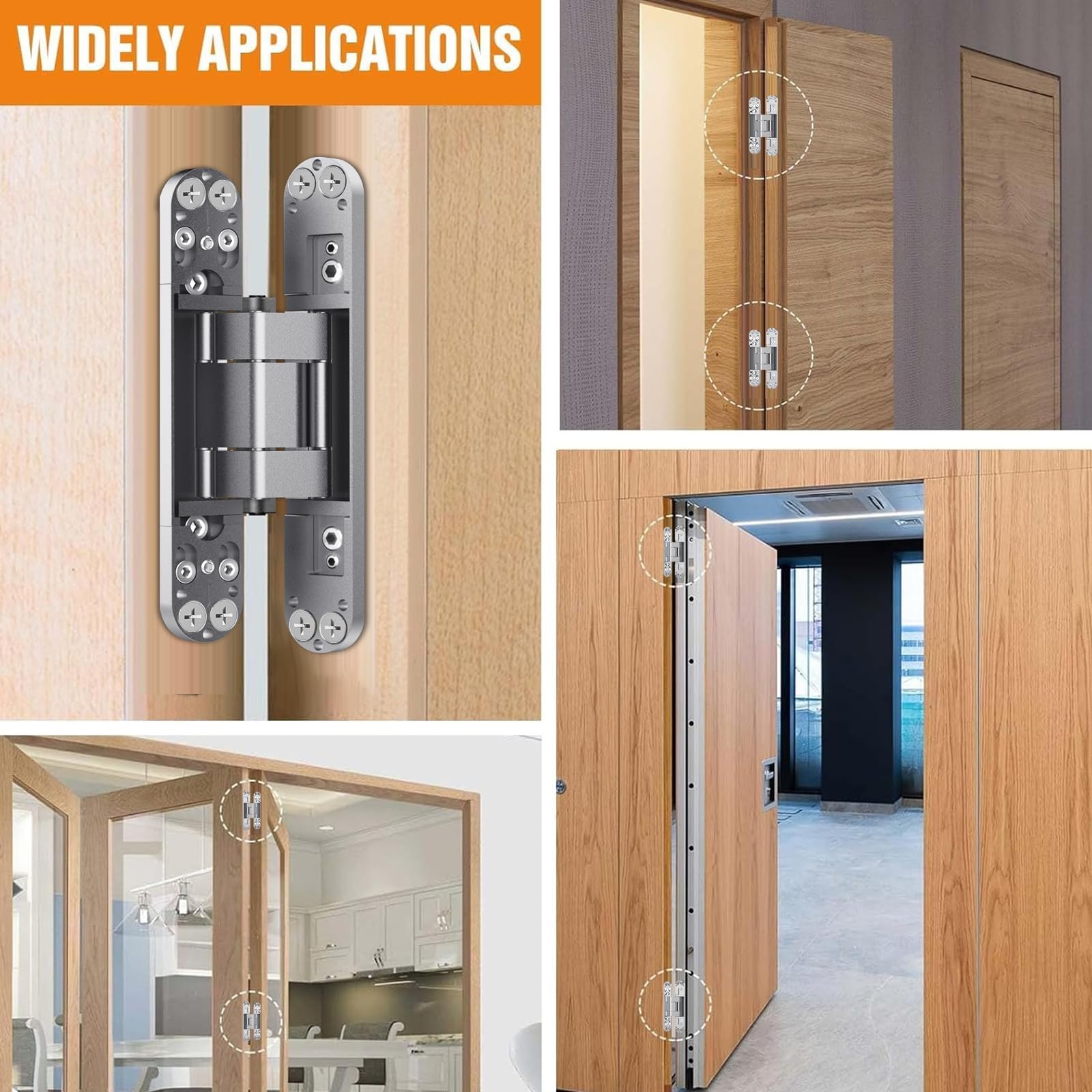 Bisagra de puerta oculta de 6 pulgadas, bisagra silenciosa de puerta invisible de 180 grados, bisagra ajustable de 3 vías, 6 x 2.5 x 1 pulgadas, color negro (paquete de 2) (plata 6 pulgadas)