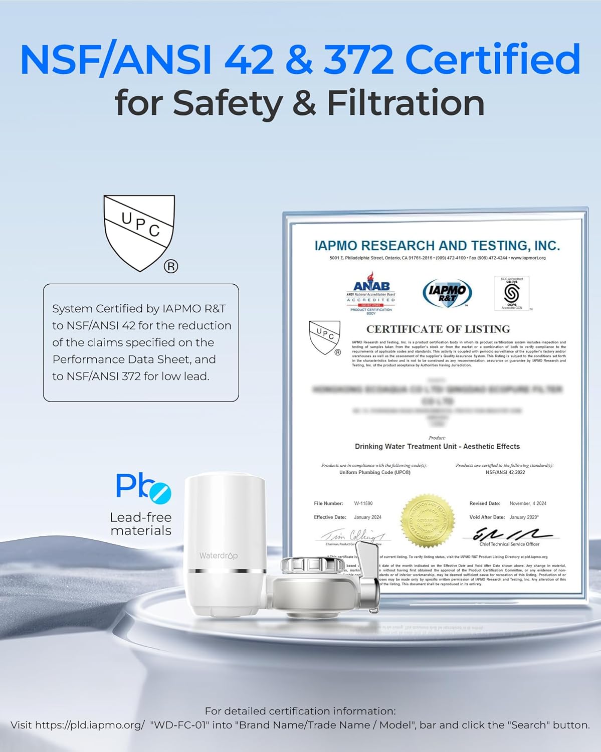 Waterdrop Water Filter for Sink Faucet, NSF Certified Water Purifier, 320 Gallon Tap Water Filter for Kitchen Sink, Reduces Chlorine, Lead-Free Material, Faucet Mount Water Filtration System, 1 Filter