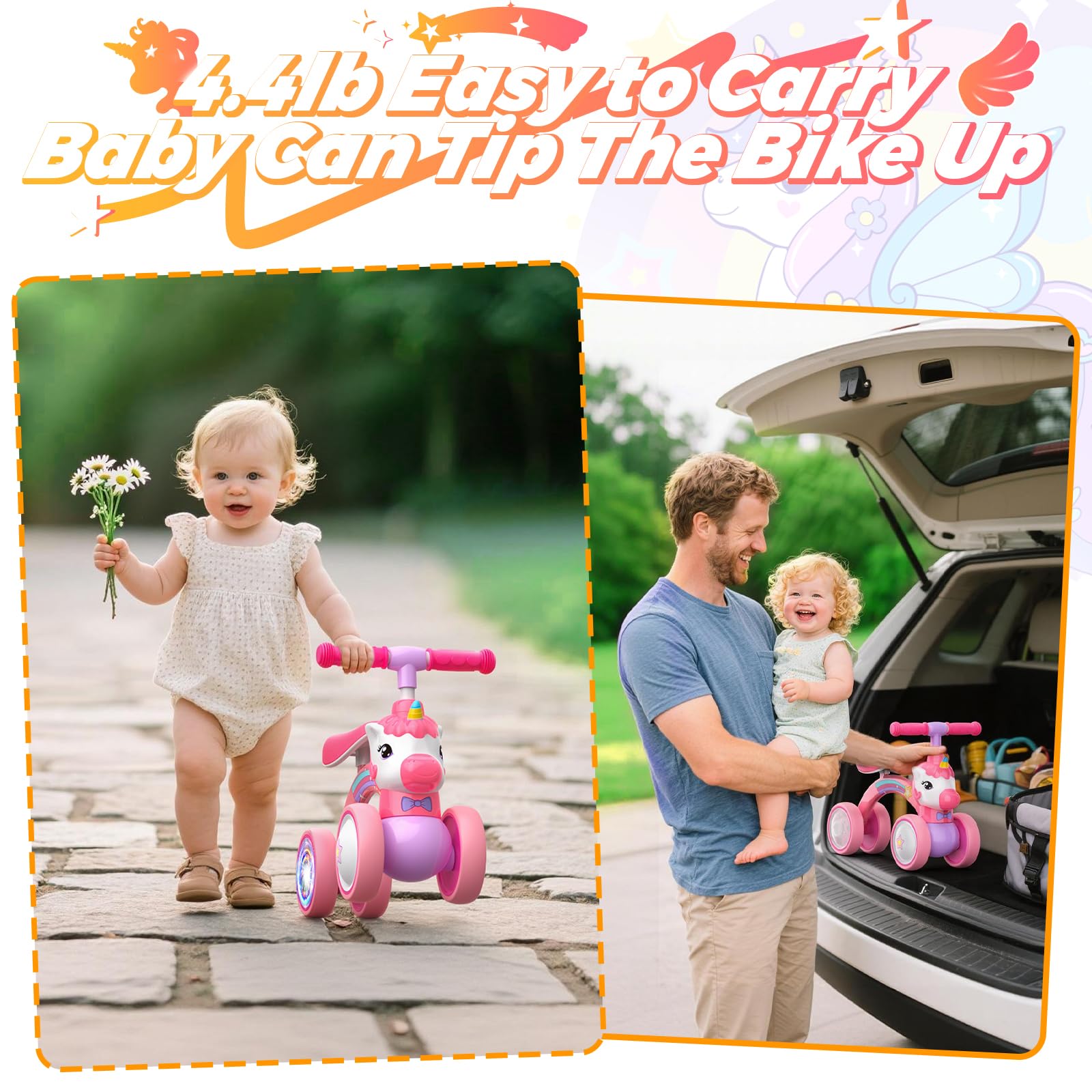 Correpasillos Unicornio de 4 Ruedas para Niños 1-2 Años con Luz LED Trasera, 25kg Capacidad, Regalo Ideal para Cumpleaños y Navidad, Juguete Seguro para Aprender a Equilibrarse (Rosa)