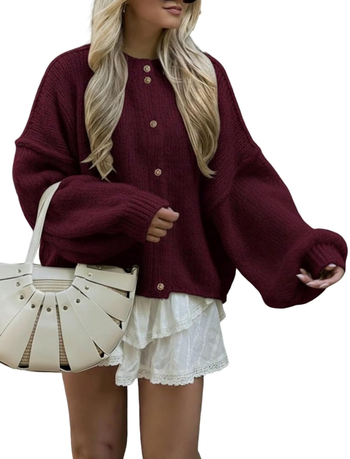 ZAFUL Oversized Cardigan Sweaters for Women Round Neck Lantern Sleeve Front Button Knitted Chunky Sweater