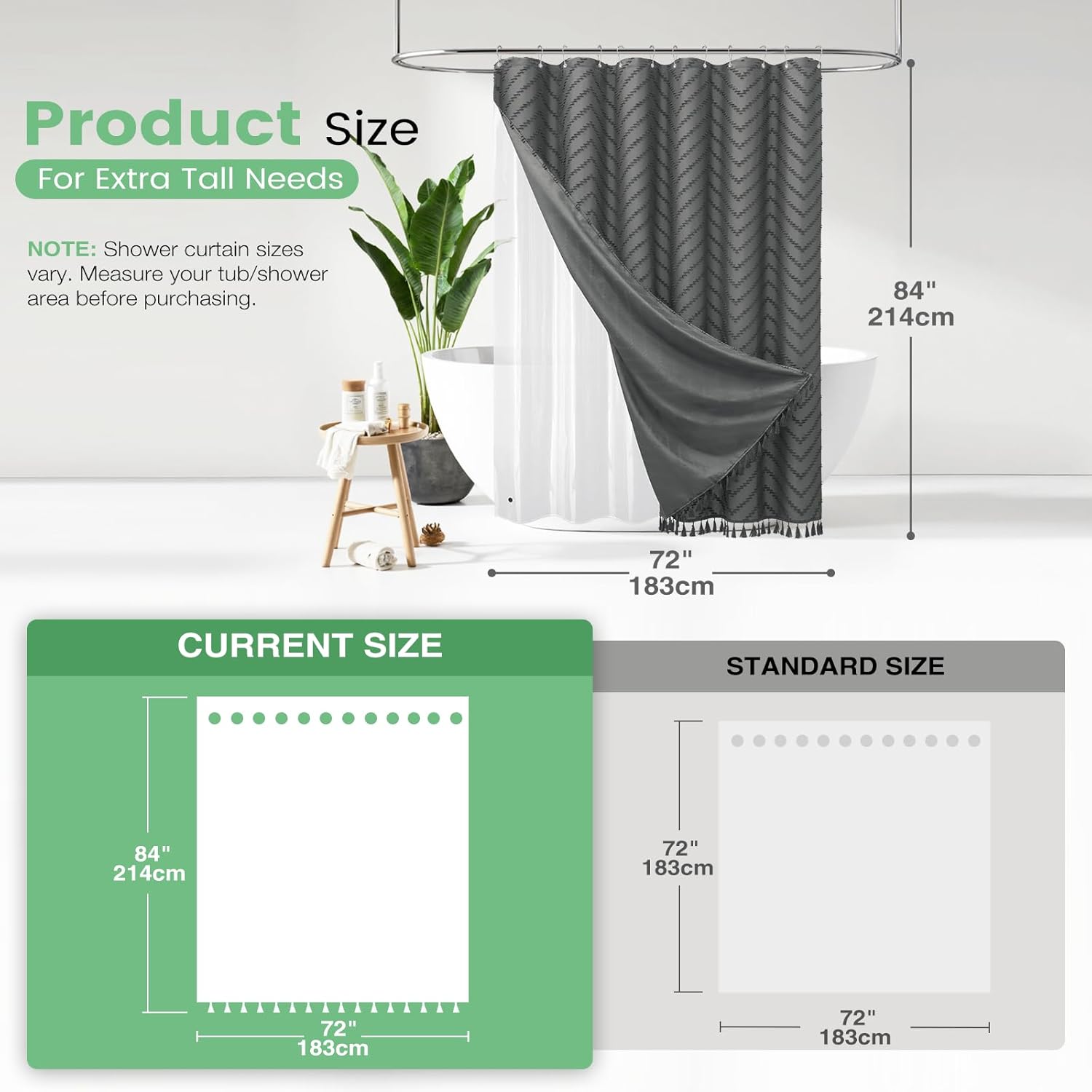 Dynamene Boho Shower Curtain and Liner Set,Tufted Chevron Textured Tassel Shower Curtains for Bathroom and Waterproof Liner with Hook,72"W x 84"L (Pack of 1),Z. Waterproof Liner Version Charcoal Grey