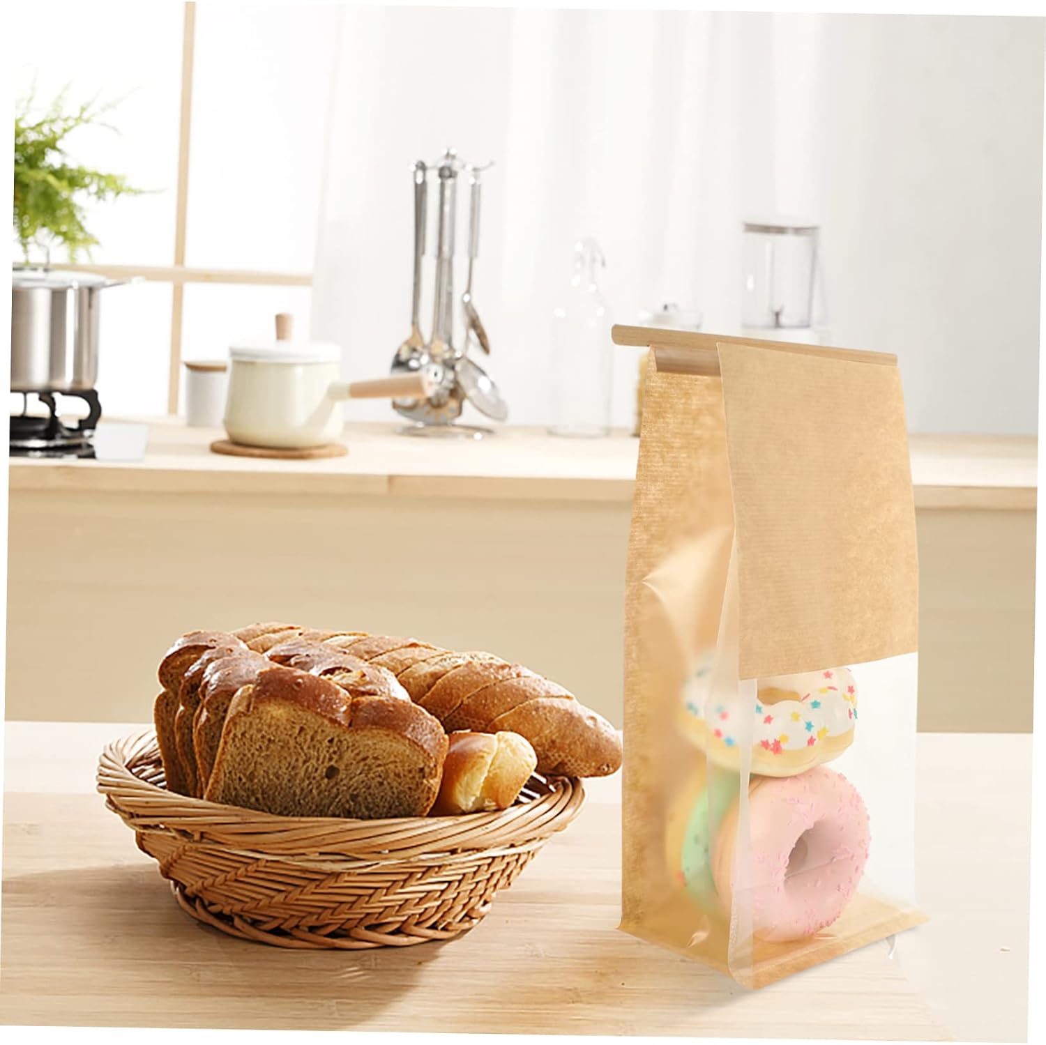 50pcs Portable Bakery Bags with Clear Window Kraft Paper Bread Packaging for Toast Cookies and Baked Goods for Parties and Holidays