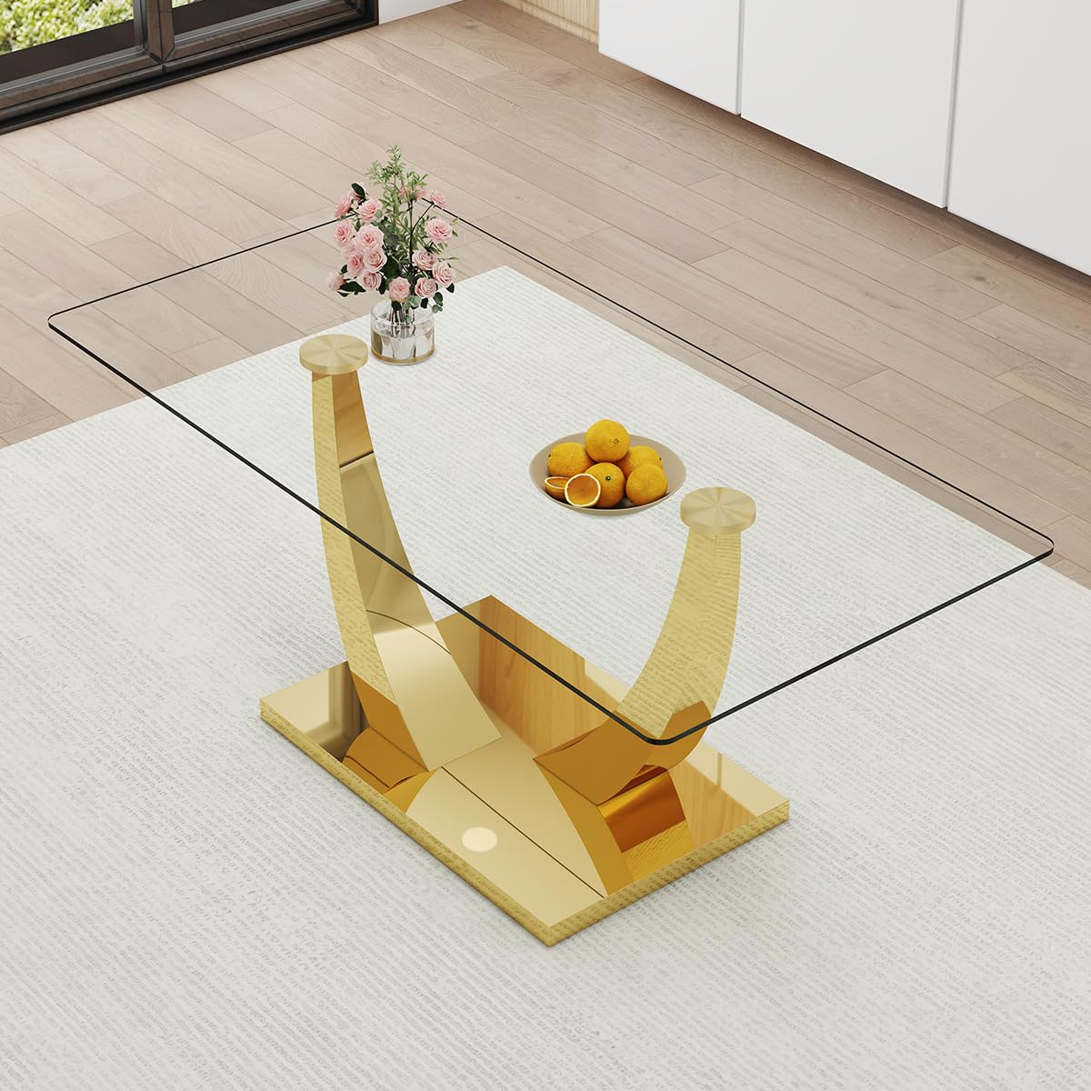 71” Glass Dining Table, Large Dining Room Table for 6-8, Gold Kitchen Table for Dining Room,0.4 Thickened Tempered Glass Top Table with Golden Rectangular Base