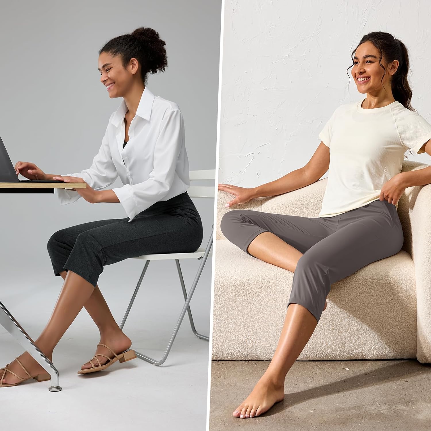 Women's Capri Pants for Casual Summer Petite Capris with Pocket Loose Fit High Waisted Straight Cropped Pants Dressy Lounge Yoga Dusty Khaki Grey XL - Image 7