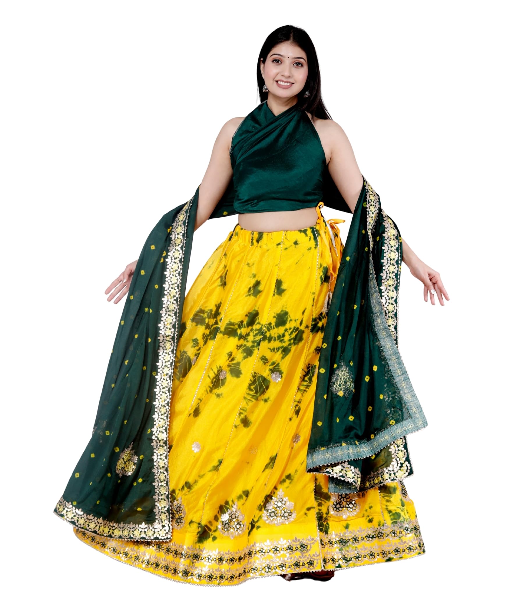Traditional Lehenga Choli Set, Emerald Green Velvet Crop Top with Yellow Tie-Dye Skirt, Embroidered Dupatta-image-36