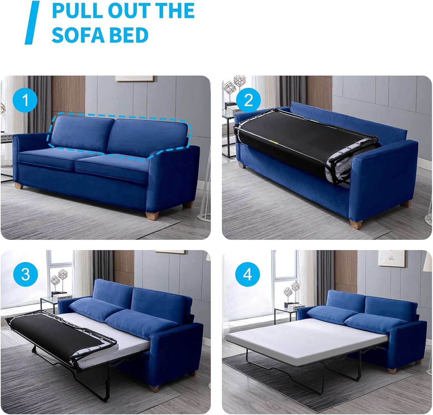 Mjkone Queen Size Pull Out Sleeper Sofa Bed 77" W with Memory Foam Pillows and Mattress, Convertible 2-in-1 Loveseat Sofa Sleeper Couch with Pull Out Bed for Home, Living Room, Small Spaces, Blue
