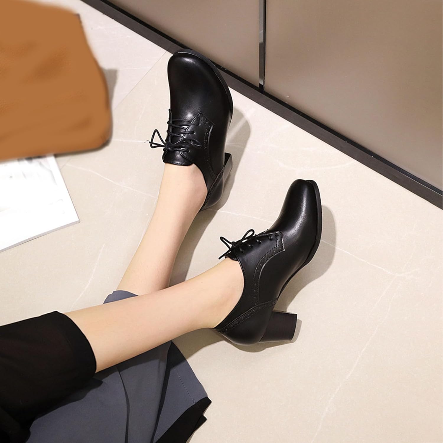 SHEMEE Women's Chunky Mid Heels Oxfords Vintage Round Square Toe Block Heeled Brogues Lace Up Work Office Daily Dress Shoes - Image 4