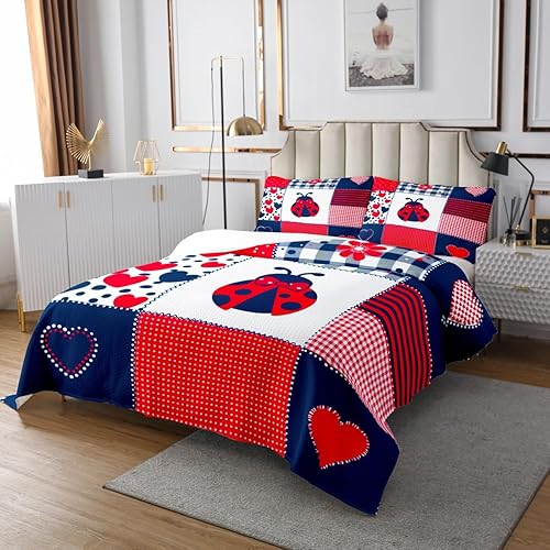 Miniatura 2 de Linda colcha de mariquita tamaño Queen, juego de ropa de cama de retazos de cuadrícula para niños, niñas, niños, adolescentes, decoración de