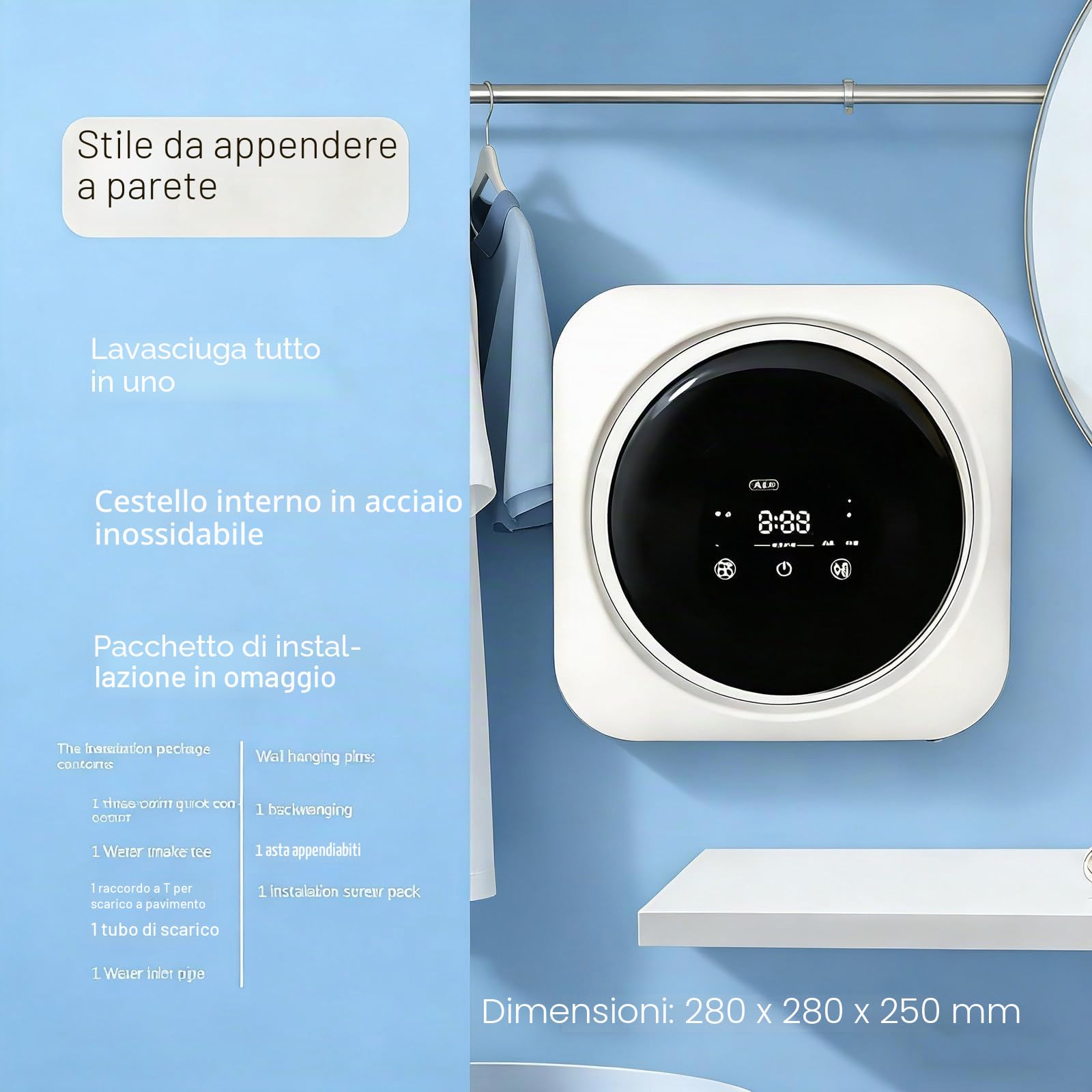 Lavatrice Portatile - Lavatrice Portatile Completamente Automatica con Funzione di Autopulizia del Cestello - Mini Lavatrice per Calzini - Piccola Asciugatrice a Parete