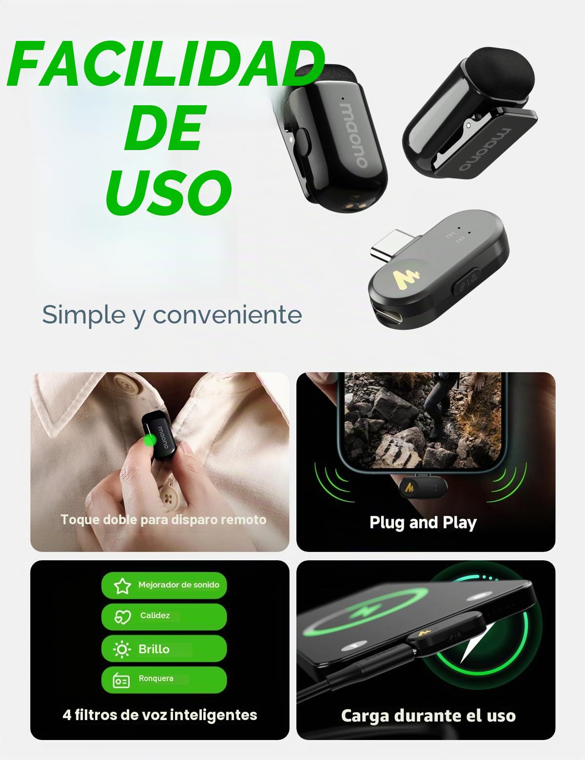 MAONO Wave T1 Mini micrófono inalámbrico para iPhone 16/15, Android, Tablet y PC, con USB-C, cancelación de Ruido, Voz AI y Estuche de Carga 30 h – micrófono de Solapa para vídeos, TikTok y Youtube