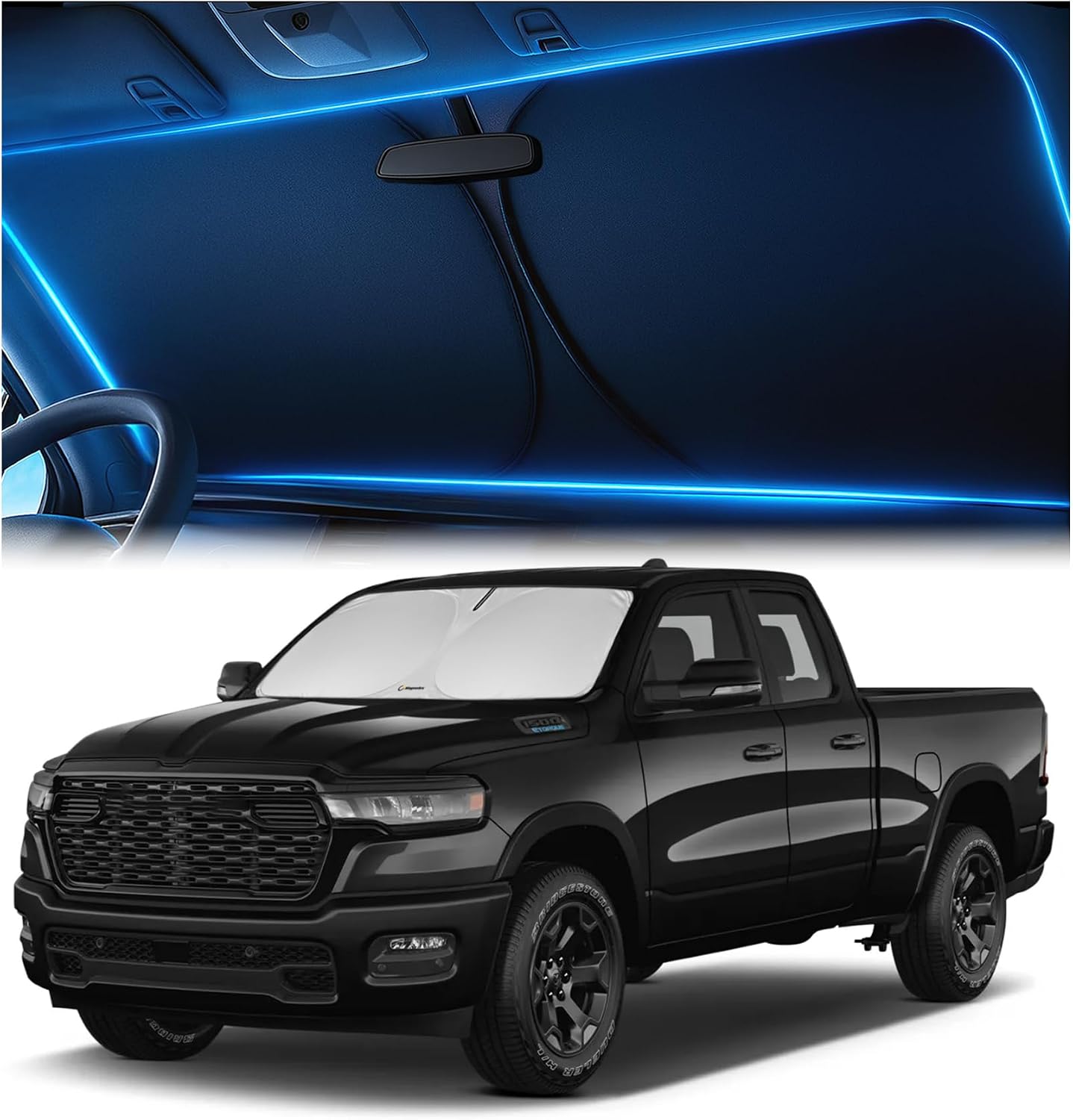 Magnelex Windshield Sun Shade for Dodge RAM 1500 2019-2023 2024 2025 2026, Foldable Car Window Sunshade, Heat & UV Visor Cover, Reflective Front Shades Accessories