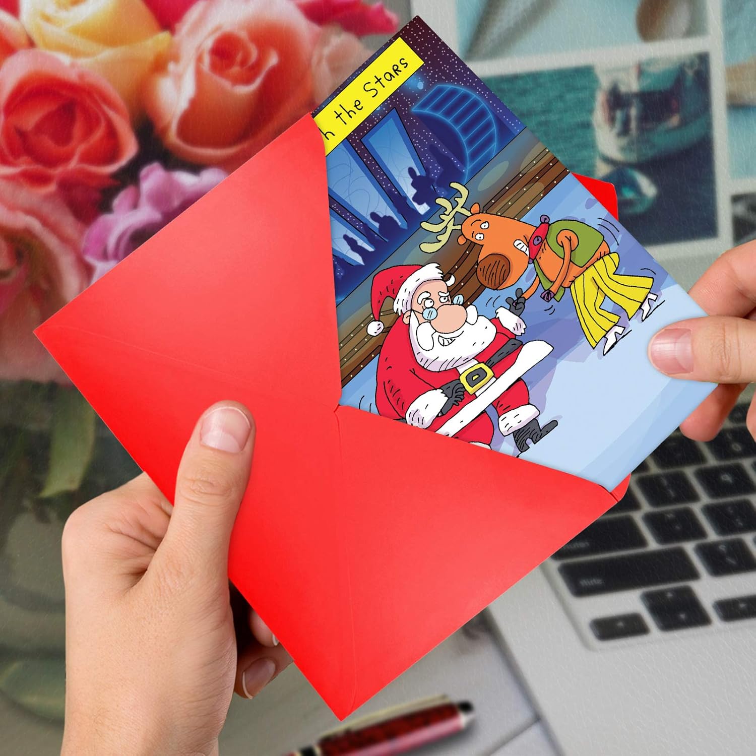 12 'Prancing with Stars' Boxed Christmas Cards with Envelopes 4.63 x 6.75 inch, Silly Santa Claus and Funny Reindeer Dancing Holiday Notes, Hilarious Christmas Stationery B5756