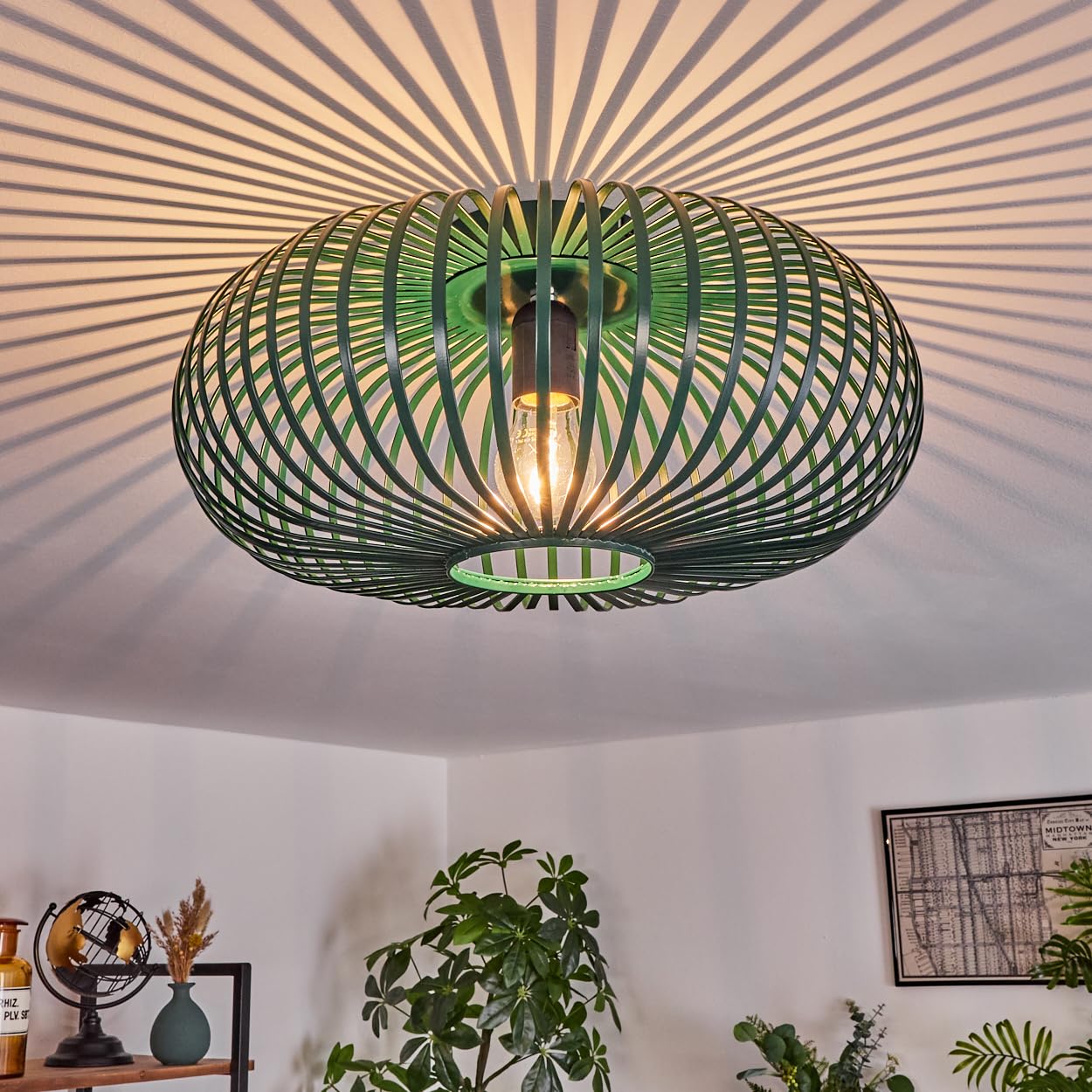 Hofstein Green Oravi Ceiling Light, Round Metal Ceiling Lamp In Retro Light With Lattice Effect, Ø 40.5 Cm, 1-Flame, E27-Socket. Without Bulbs