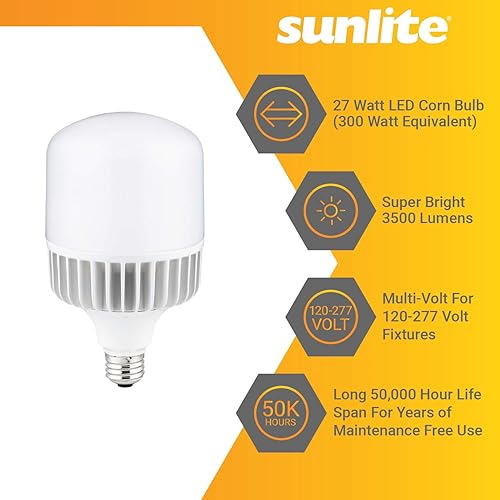 Miniatura 3 de Sunlite Bombilla LED T36 de repuesto de bahía alta superbrillante, 27 vatios (300 W = ) 3500 lm, base e26 media, 120-277 voltios, no regulable, 50