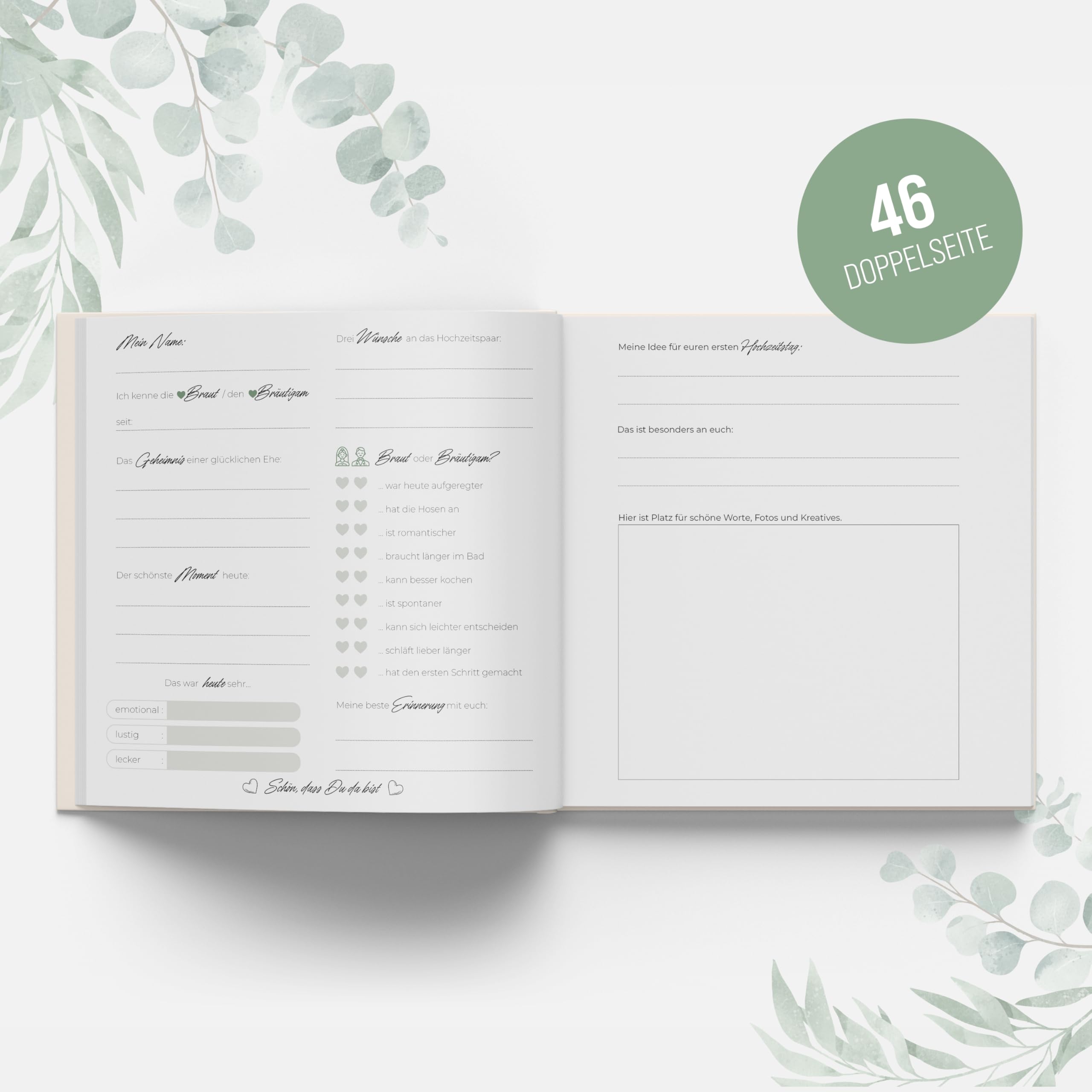 colortouch Gästebuch Hochzeit mit Fragen 104 Seitenzum Ausfüllen, Aufkleber Hochzeit, Hochzeitsspiel mit 70 Fotoaufgaben, 50 Hochzeitsquiz, 52 Postkarten 10 Blatt Hochzeitssticker, 50 St Tischkarten