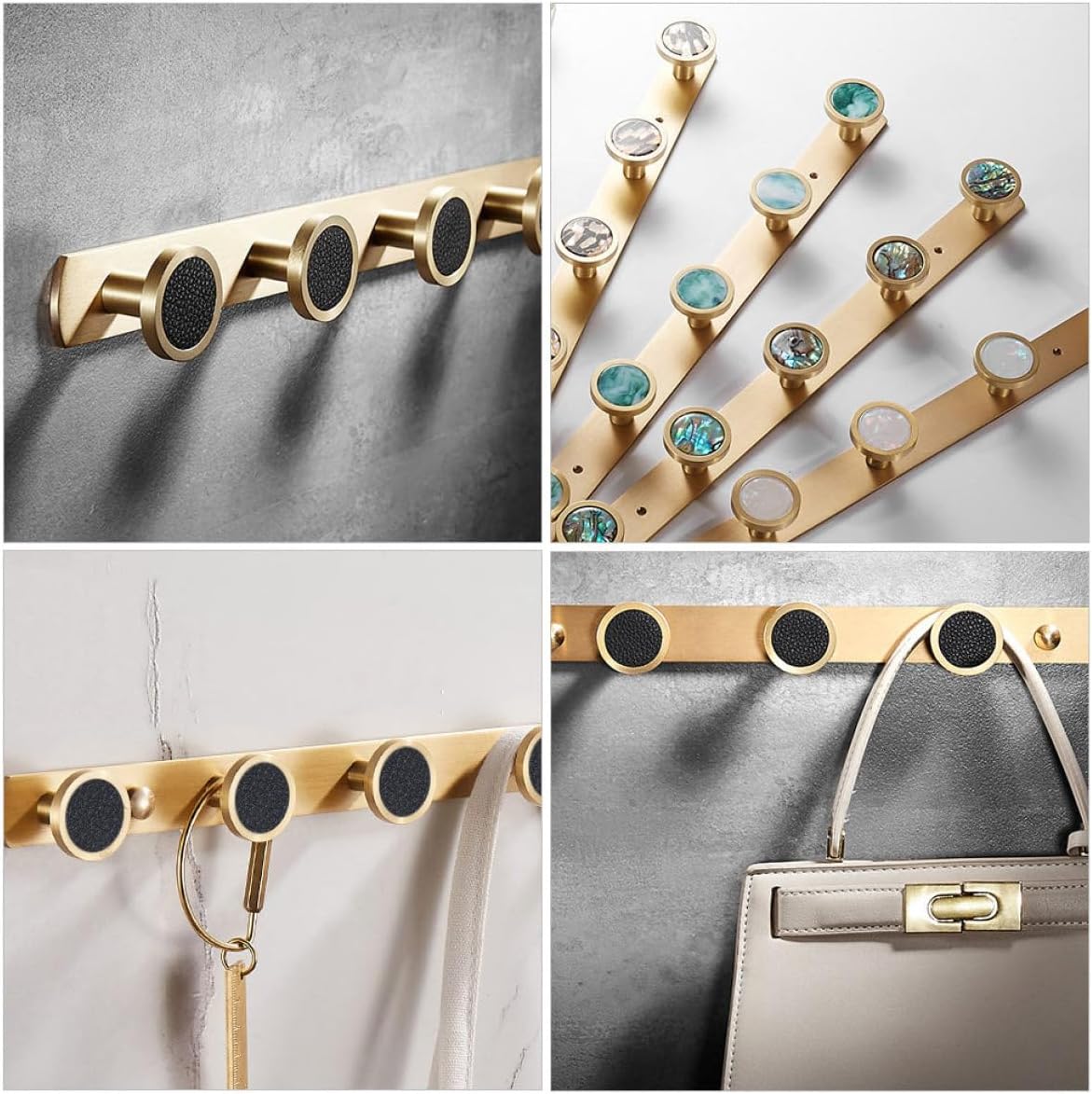 Brass Wall-Mounted Hanging Clothes Hook 5-Hook Row Black Leather Coat and Hat Rack for Bathroom and Door Storage