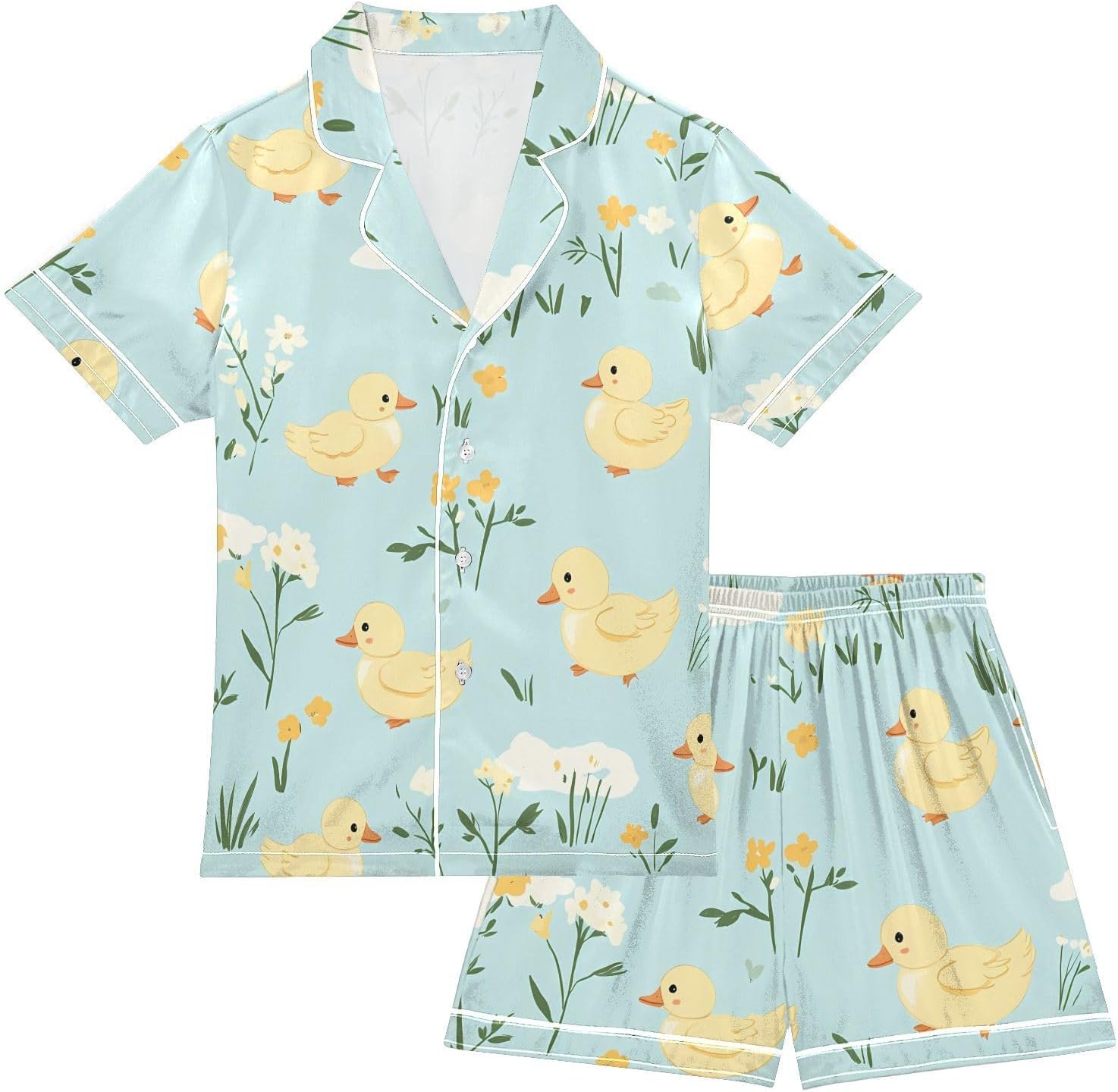 Cute Ducks Satin Pajamas Button-Down 2 Piece Loungewear Pj Set Sleepwear Nightwear