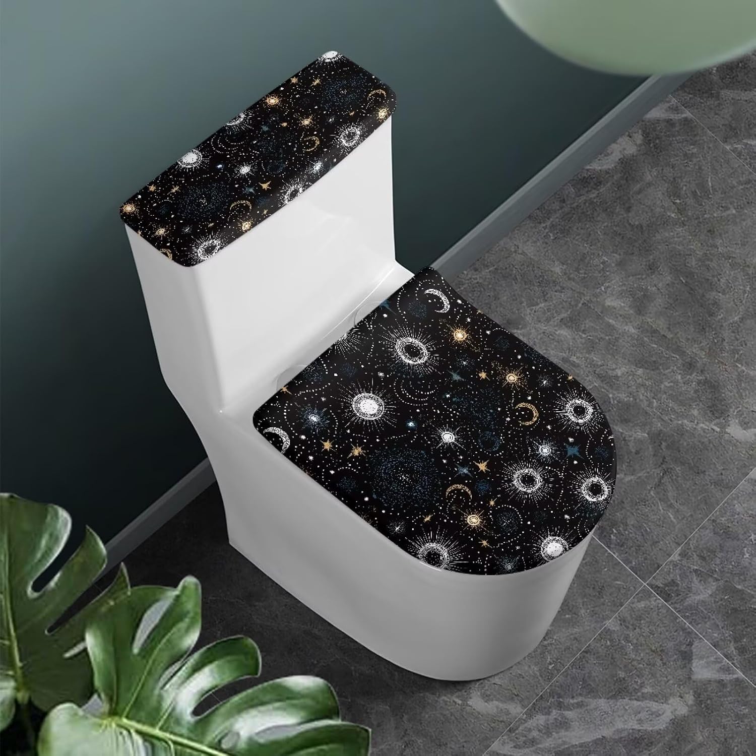 Starry Sky Toilet Seat Cover Planet Print Black Toilet Lid and Tank Cover with Stretch Edges Easy to Install Machine Washable Home Decor Fit for Most Toilets Sun & Moon 2 Pcs