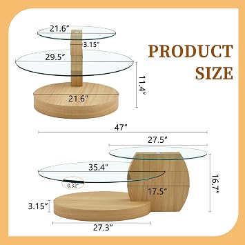 47 Oval Glass Coffee Table, 2-Tier Glass Tabletop with Wooden Base, Easy to Maintain,Ideal for Dining Room, Living Room