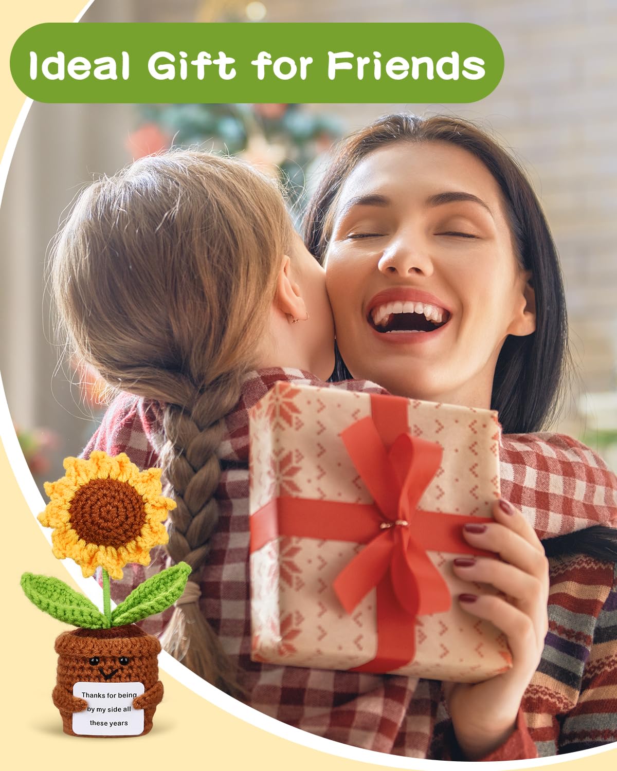 1pcs Knitted Flowers Sunflower Gifts for Women Handmade Knitted Planters with Card Crochet Gifts Birthday Gifts for Women Mom Family Friend Teacher Coworker Xmas Party（Thank）