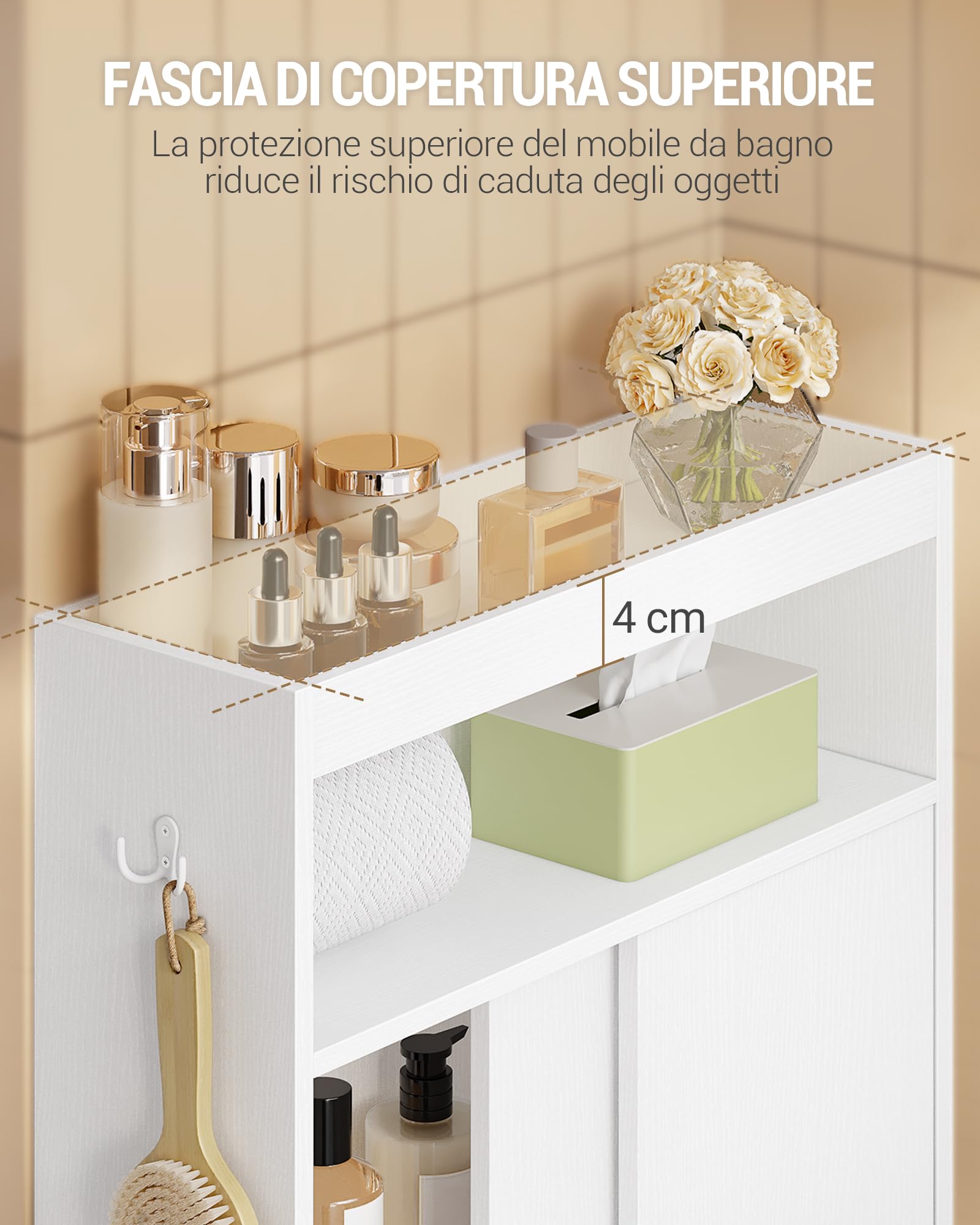 Hzuaneri Mobile Bagno, mobiletto bagno salvaspazio con Portarotoli di Carta Igienica e Ganci, Ante Scorrevole, Ripiano Regolabile, Accanto al Water, 20 x 60 x 80 cm, Bianco BC62813X
