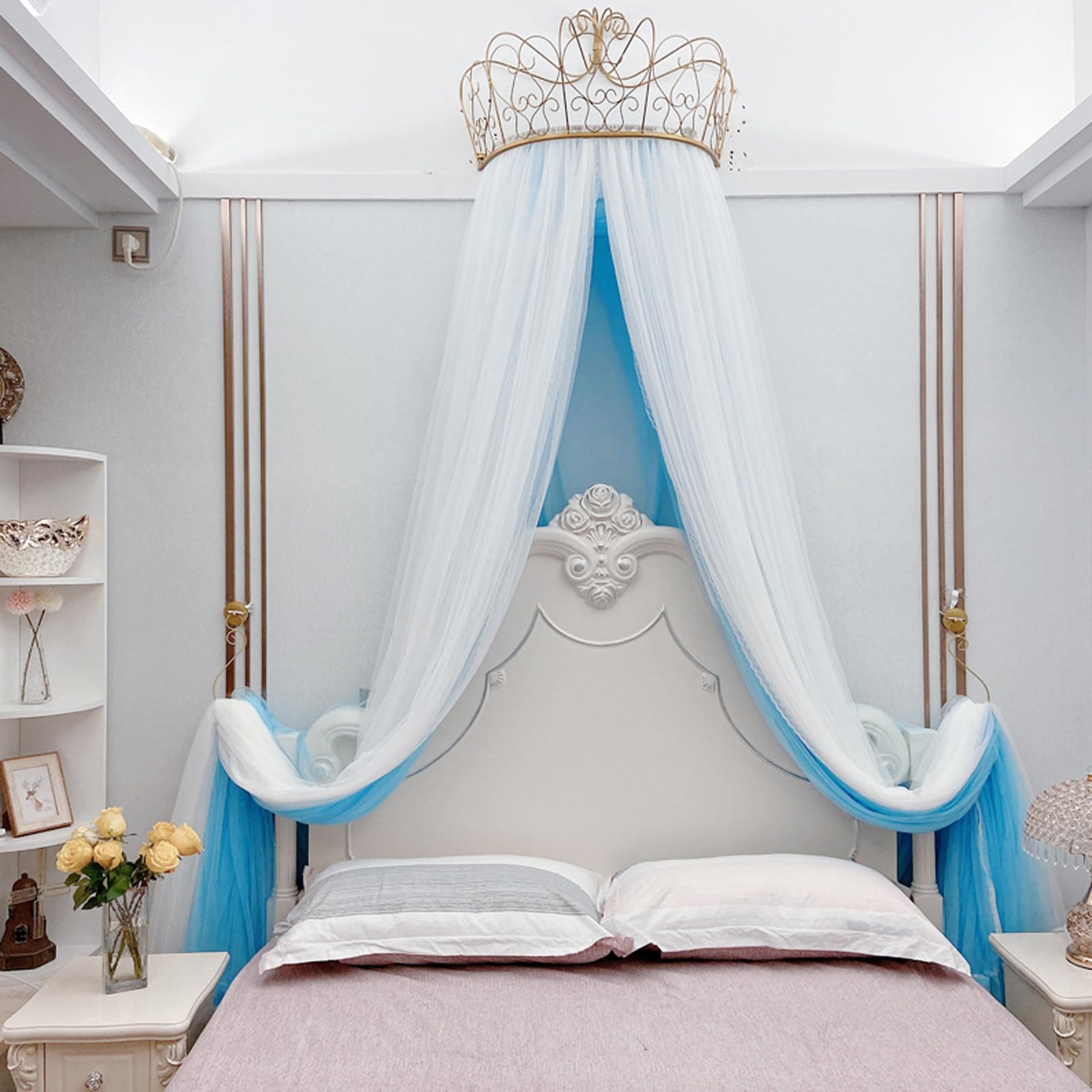 MESCXTY Princess Bed Canopy for Girls & Adults, Elegant Double Layer Curtain with Crown, Romantic Tents Valance(Full to Queen, Blue)