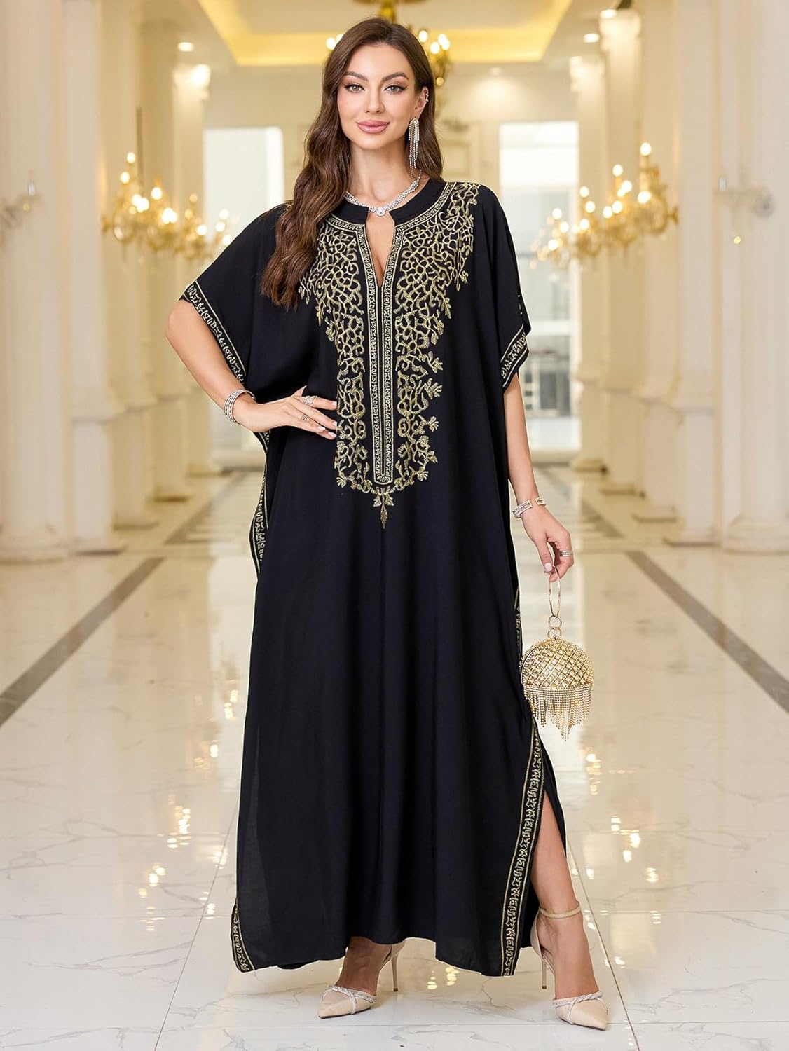 RanRui Women's Embroidered Kaftan Dresses Beach Blouse Cotton Gold Embroidery Holiday Robe Plus Size Caftans Kaftan Dress - Image 5