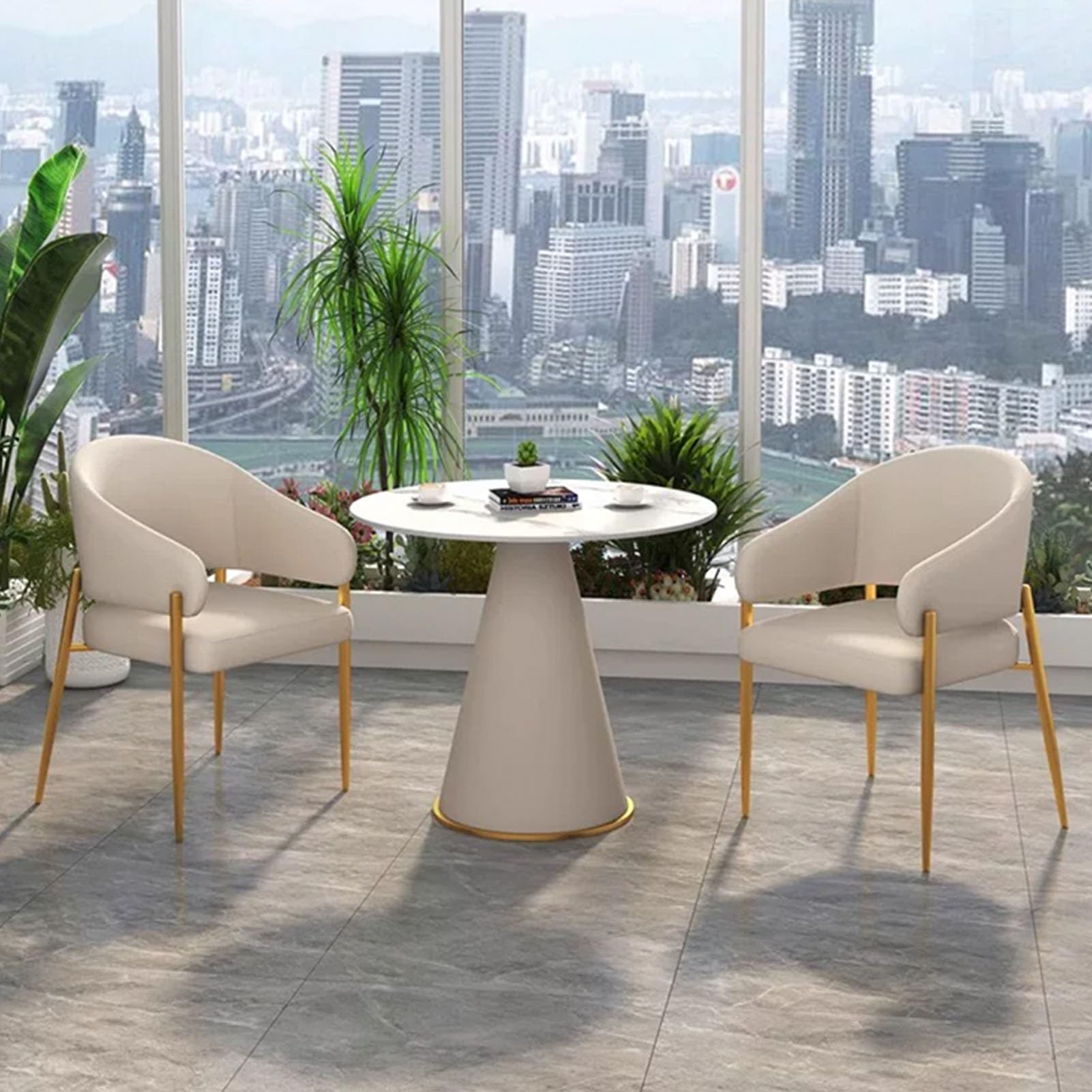 ASerZenith Marble Round Table Set With Pu Backrest Chairs, Small Conference Desk For Reception Negotiation, Leisure Table And Chair For Family Apartment,Khaki-2 Chairs