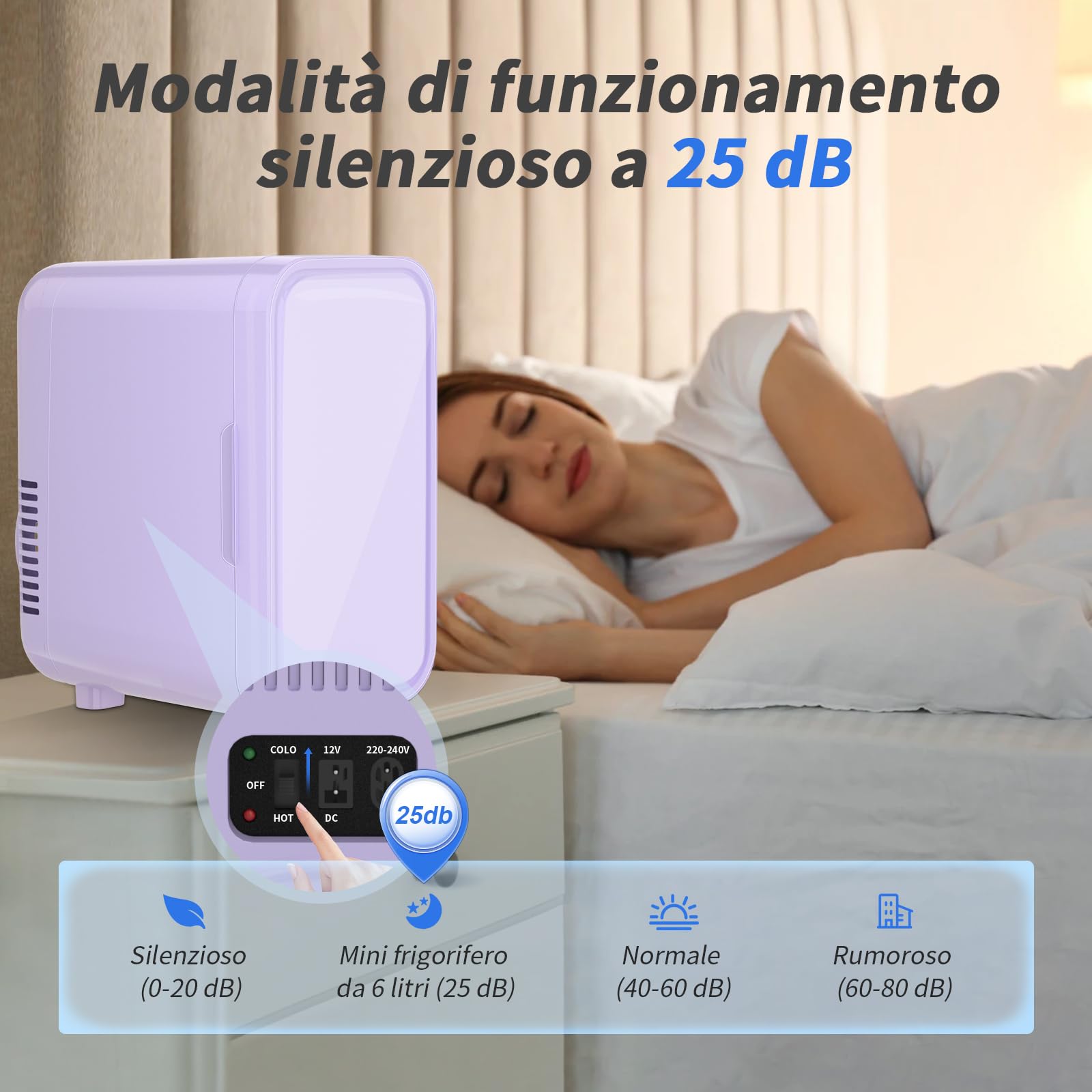 YASHE Mini frigo da 6 litri/8 lattine 220-240 V AC/DC, refrigeratore termoelettrico portatile, frigoriferi, camera da letto, cura della pelle, bevande, ufficio, dormitorio e auto, viola