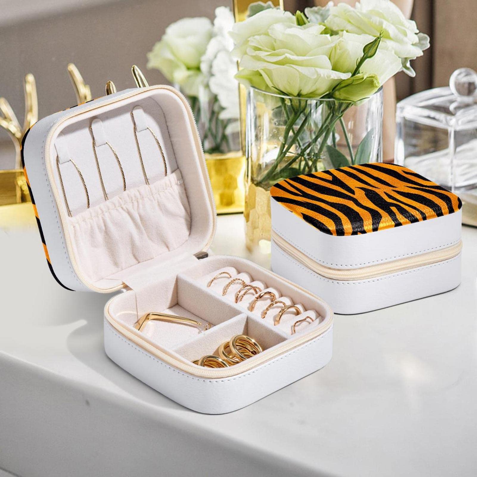 Portagioie Da Viaggio In Pelle Con Motivo Tigre E Giungla - Mini Organizer Per Bracciali, Anelli E Collane, 10,5 Cm, Regalo Donna - 4