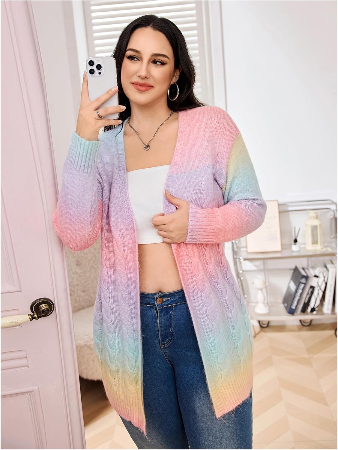 MakeMeChic Women's Plus Size Rainbow Colorful Cardigans Open Front Long Sleeve Knit Cardigan Sweater - Image 4