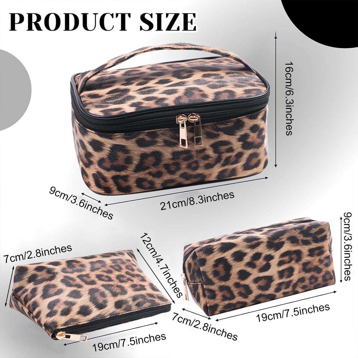 3 Pieces Leopard Print Leather Cosmetic Bags Set,Travel Toiletries Storage Case Portable Cheetah Makeup Organizer Pouch for Women Purse - Image 4