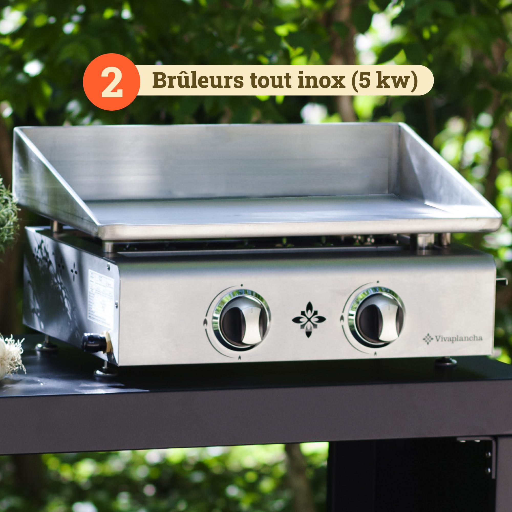 LOER Vivaplancha Plancha Gaz Tout INOX 2 Feux 5 KW - Anti-adhésive et Nettoyage Facile modèle Flamenco