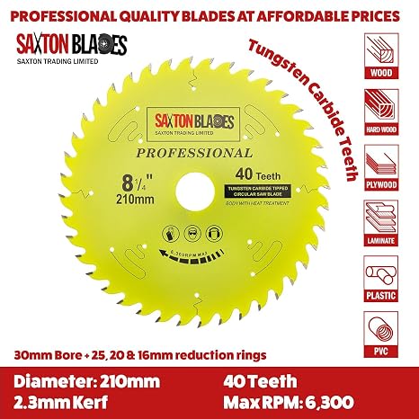 TCT21040TPRO Saxton Professional Range TCT Circular Saw Blade 210mm x 40T x 30mm Bore, 16, 20, 25mm, 25.4mm Reduction Rings Compatible with Evolution Festool Bosch Makita Dewalt