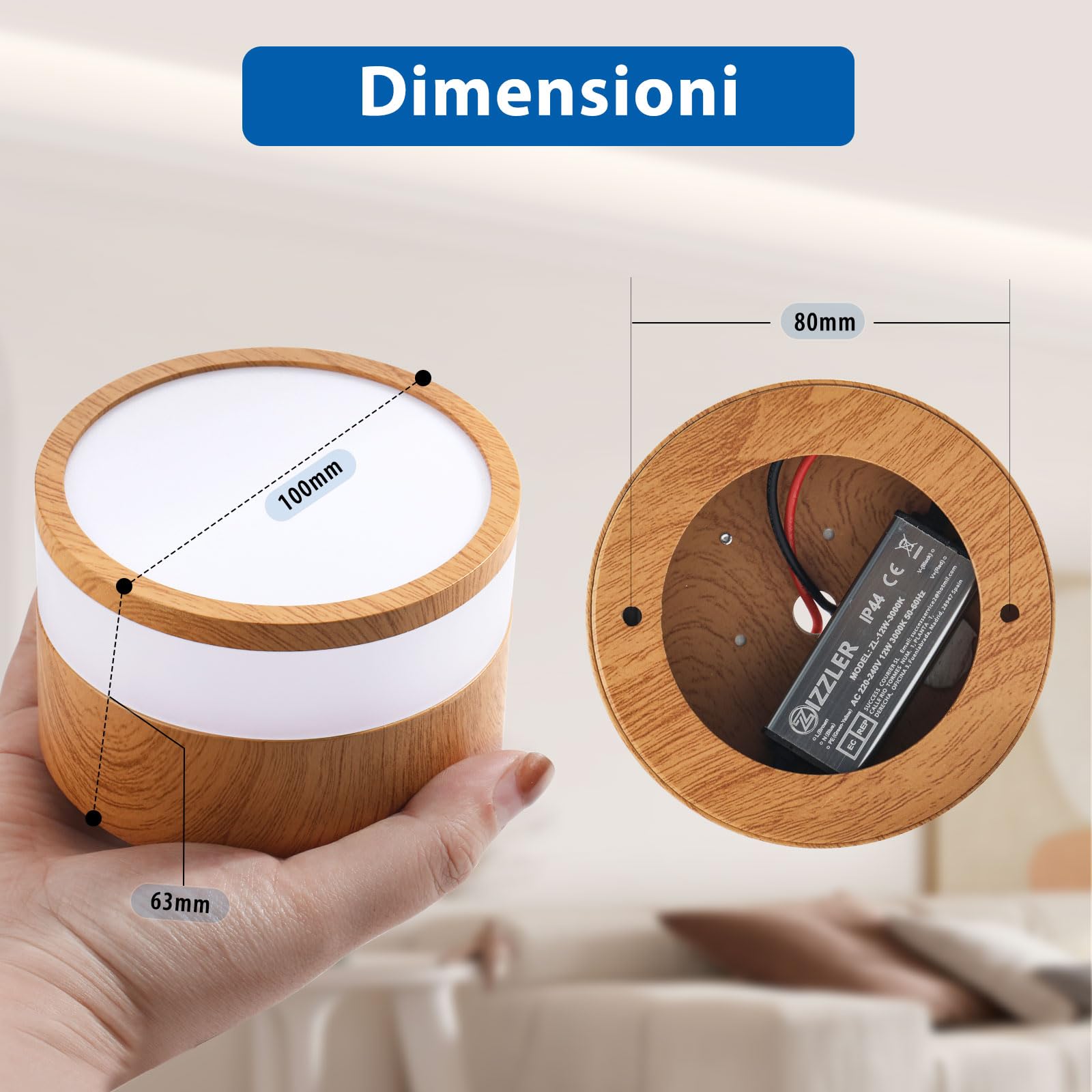 ZIZZLER 2 Faretti Led Legno da Soffitto IP44 Faretto per Cucina Interni Corridoio, 12W 1100LM, Plafoniera Rotondi Soffitto Soggiorno, Luce Calda, Bathroom Spot Lights Ceiling, 10cm