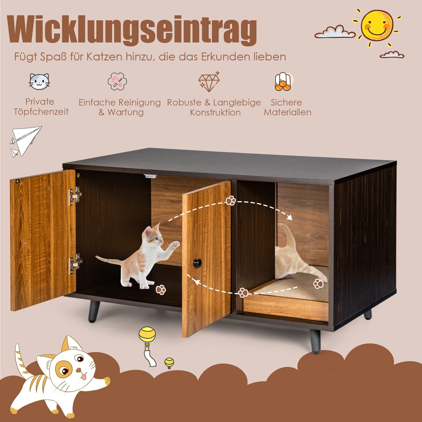 FANTASK Casetta laterale 2 in 1, tavolo e armadietto per gatti con 2 ante, tavolino da caffè e lettiera per gatti, in legno, con design impermeabile, buona circolazione dell'aria, 90 x 50 x 50 cm