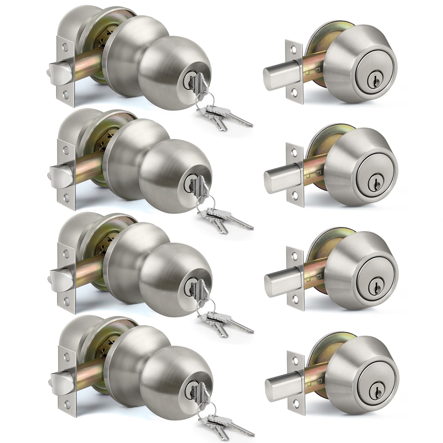 Satin Nickel Door Knobs - 2 Pack Keyed Locks & Deadbolts -13
